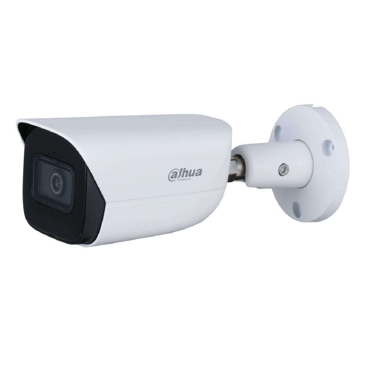Una telecamera di sicurezza Dahua bianca con braccio girevole argentato su sfondo bianco.