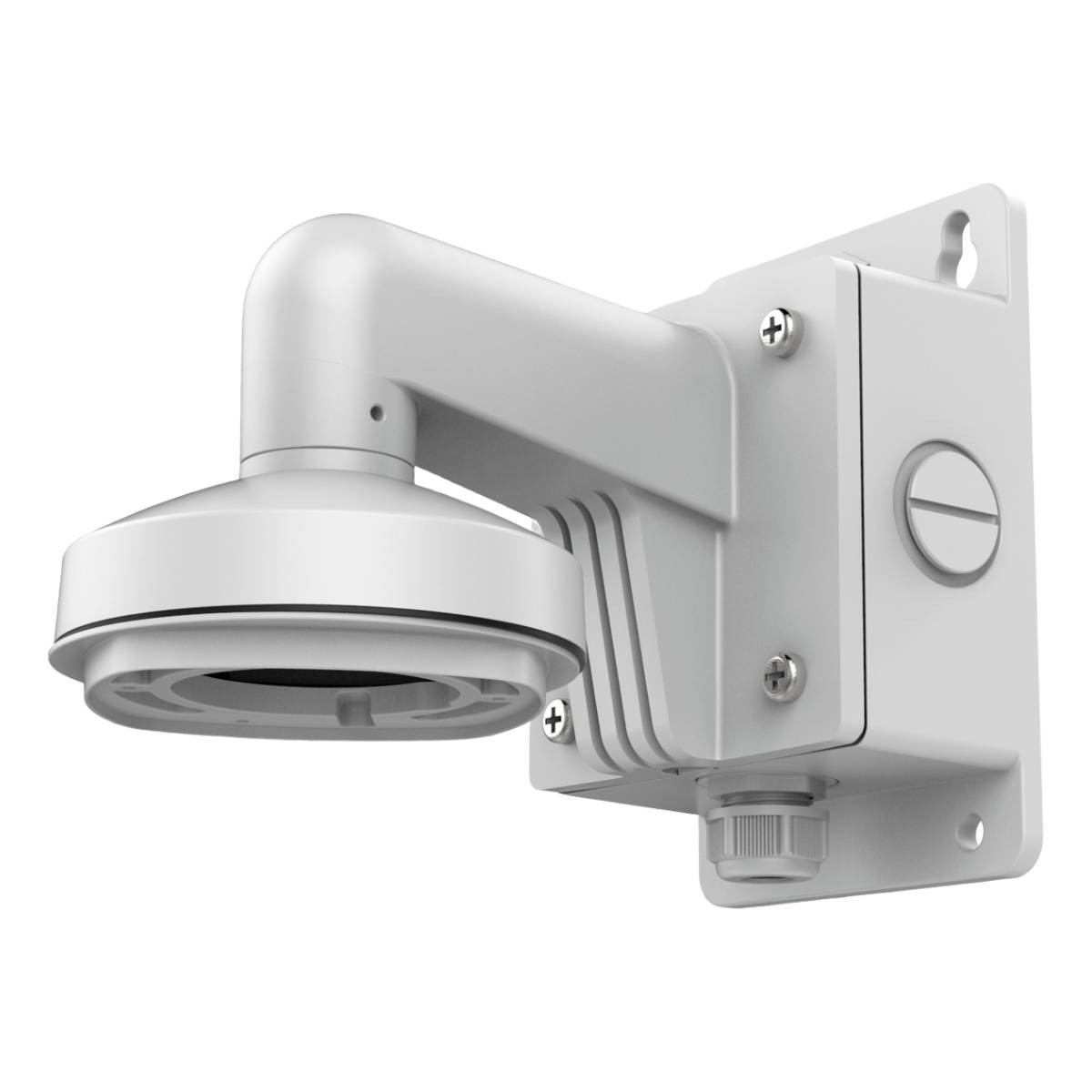 Supporto per telecamera di sicurezza bianco attaccato a un muro.