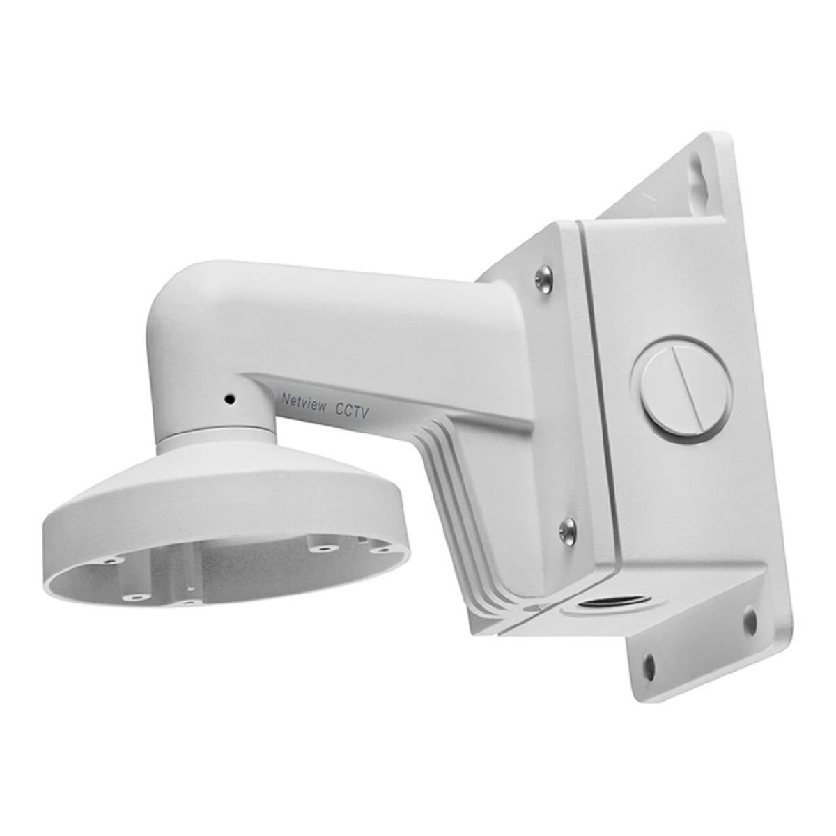 Staffa bianca per telecamera CCTV con testo "Netview CCTV", montata su superficie bianca.