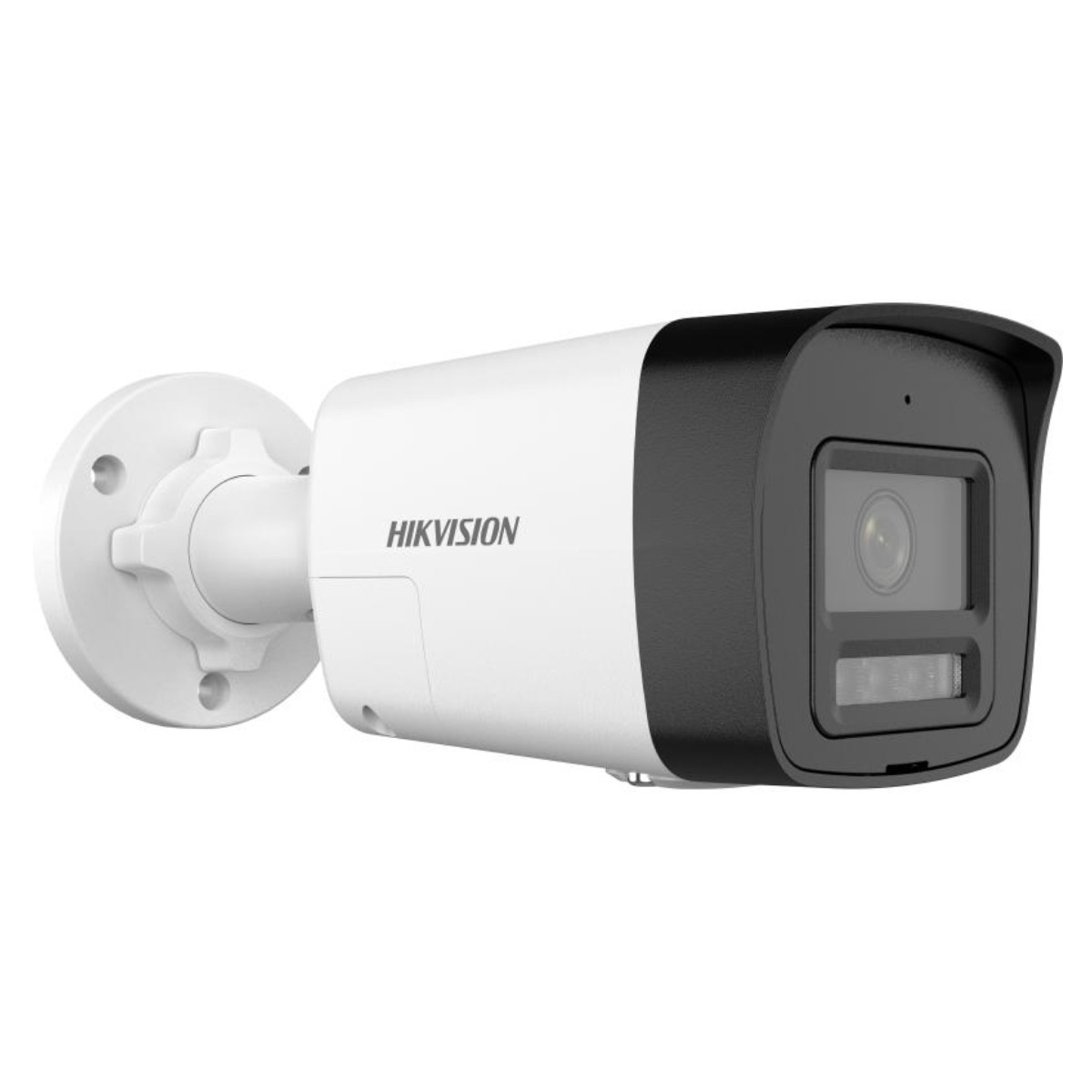 Una telecamera di sorveglianza Hikvision bianca con cornice e lente nere.