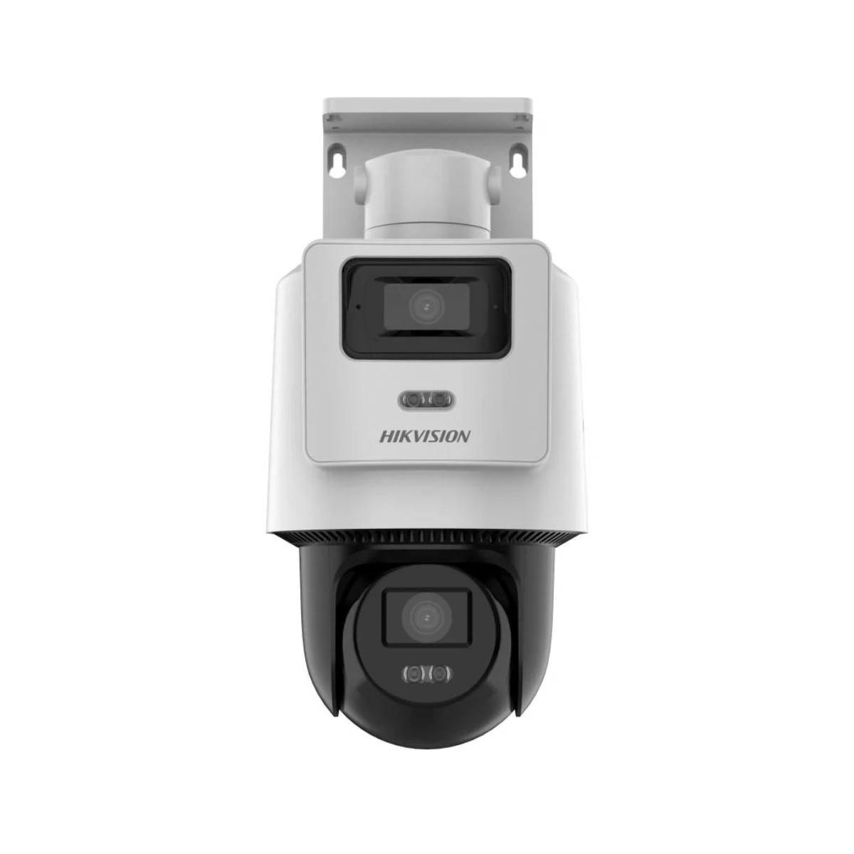 Telecamera di sorveglianza Hikvision bianca con testa pan/tilt nera su sfondo bianco.