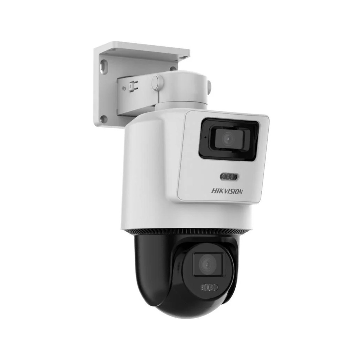 Una telecamera di sicurezza Hikvision bianca con base rotante nera è montata a muro.