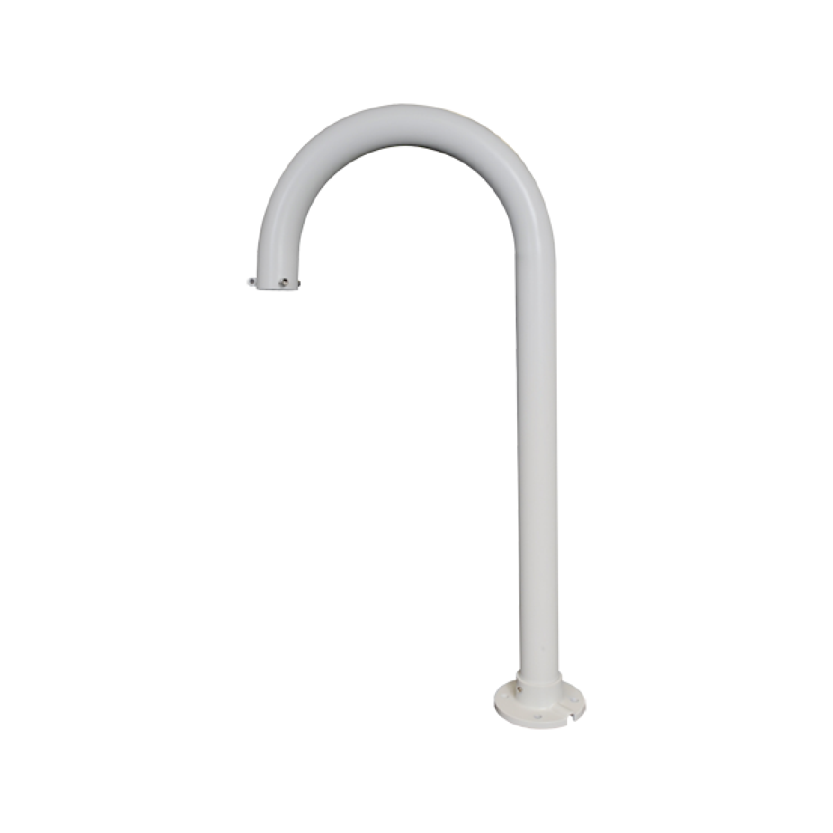 Un palo metallico bianco e curvo con base rotonda.