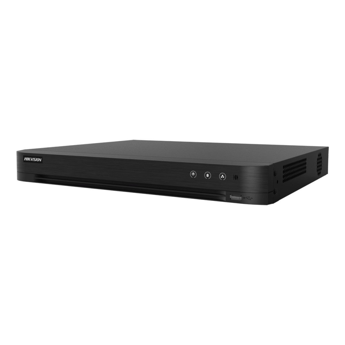 Un DVR Hikvision nero con porta USB e pulsanti di controllo.