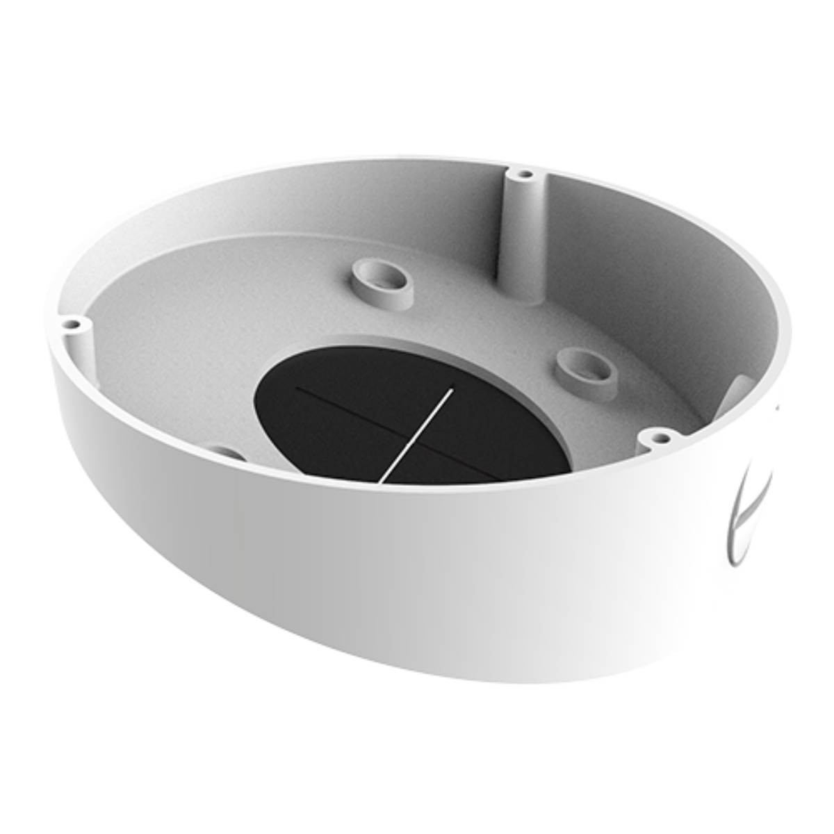 Un alloggiamento rotondo bianco con inserto nero e quattro fori di montaggio.
