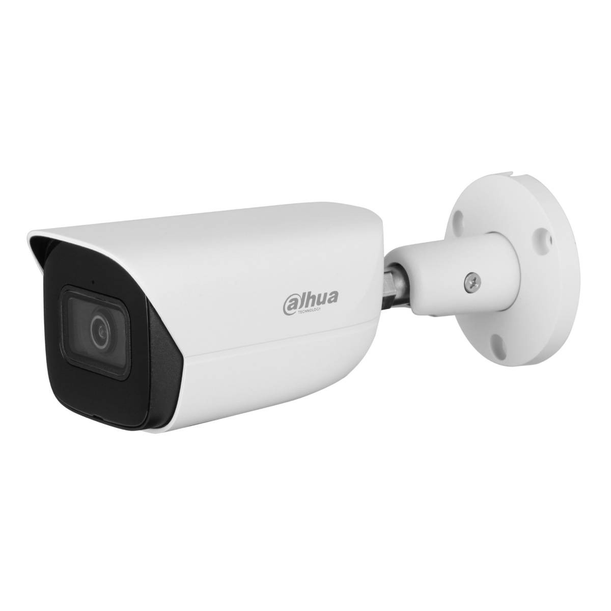 Una telecamera di sicurezza Dahua bianca con obiettivo e supporto neri su sfondo bianco.