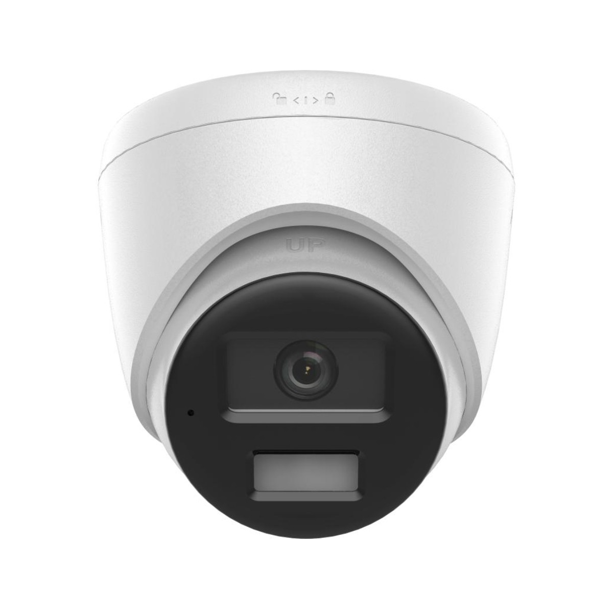 Telecamera di sicurezza dome bianca con frontale nero, lente e LED IR.