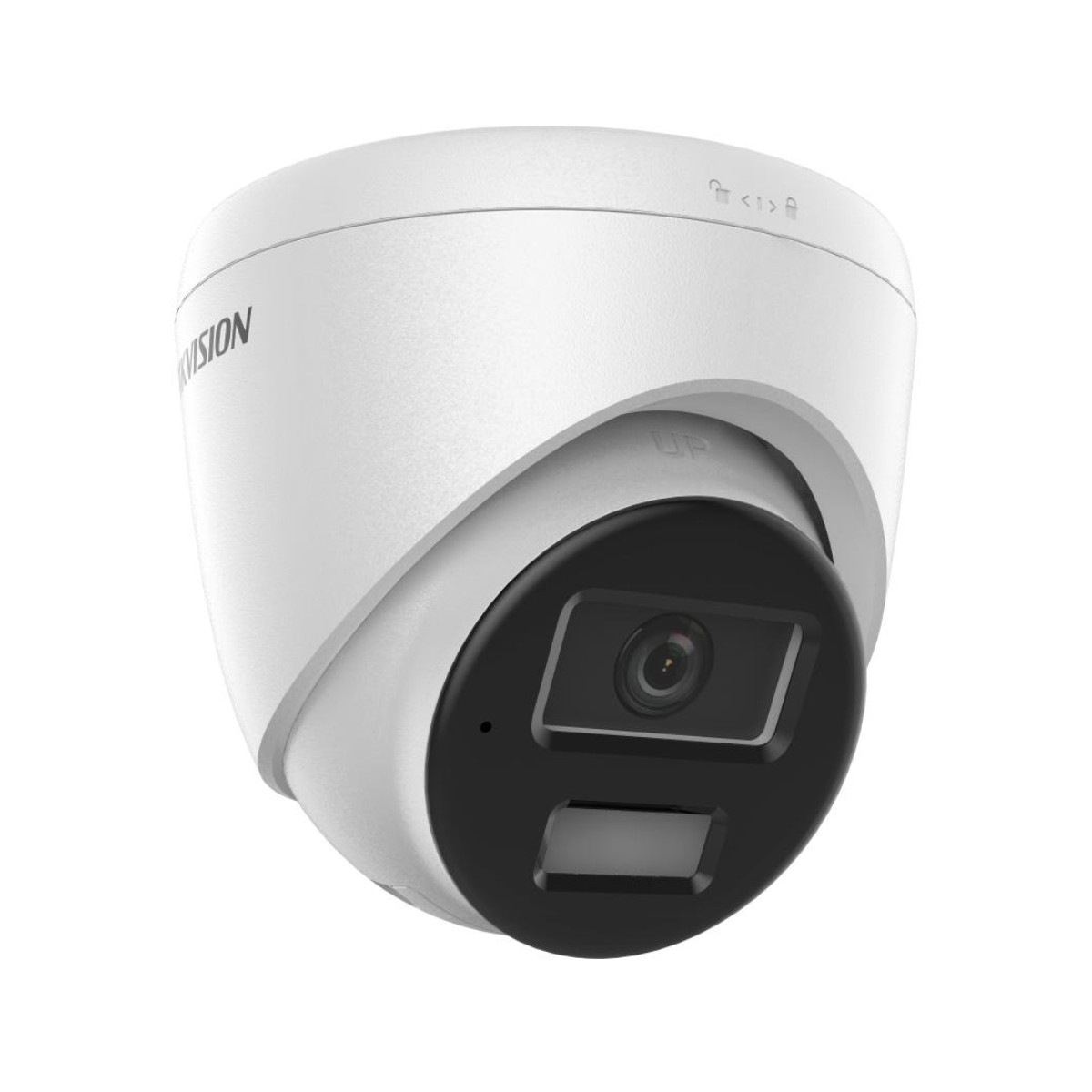 Telecamera di sicurezza bianca a cupola con obiettivo nero e illuminatori IR. Testo 'VISION' in alto.