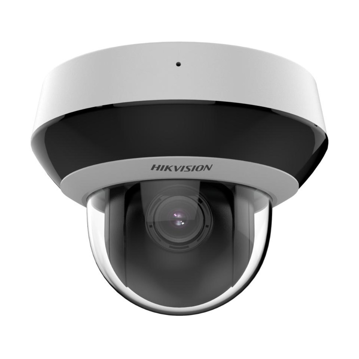 Una telecamera di sicurezza a cupola Hikvision bianca e nera con lente trasparente.