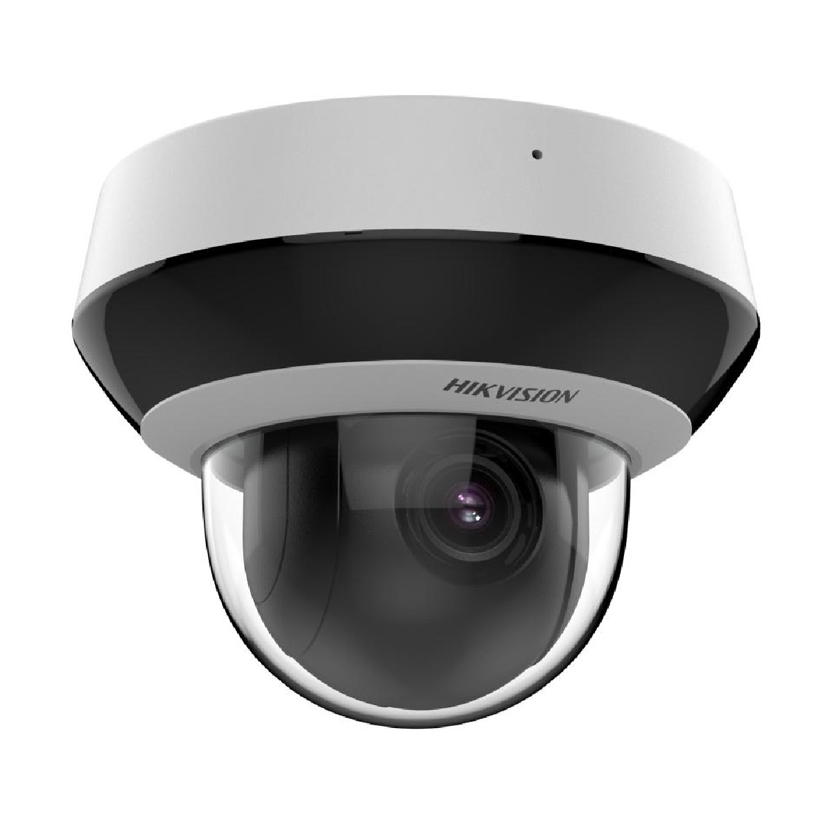 Una telecamera di sicurezza a cupola Hikvision bianca e nera con cupola trasparente.