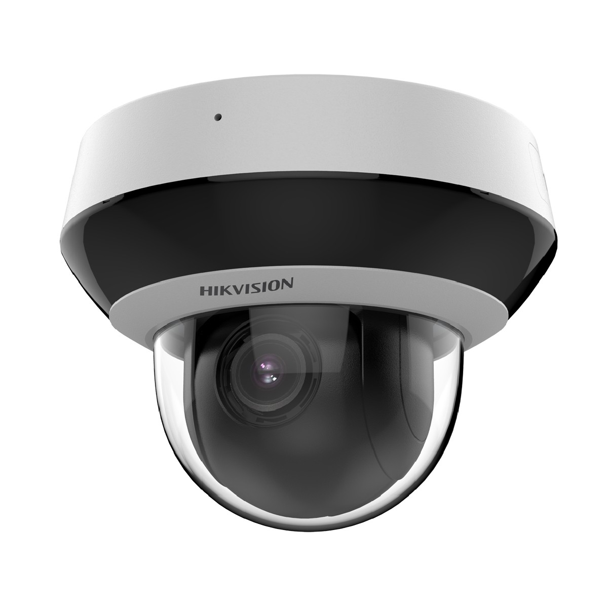 Una telecamera di sicurezza dome Hikvision bianca e nera con cupola trasparente.