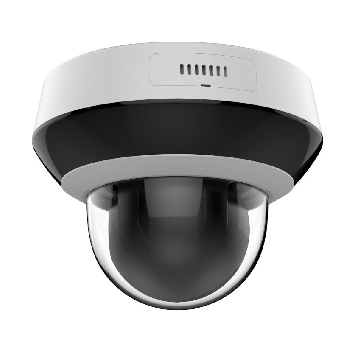 Una telecamera di sicurezza bianca e nera a cupola con alloggiamento trasparente.