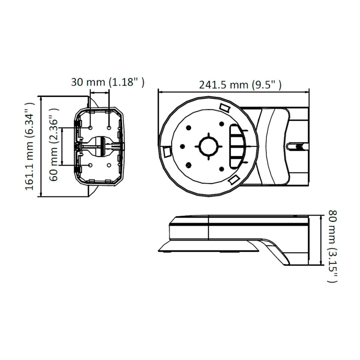 Disegno tecnico di un dispositivo con dimensioni.