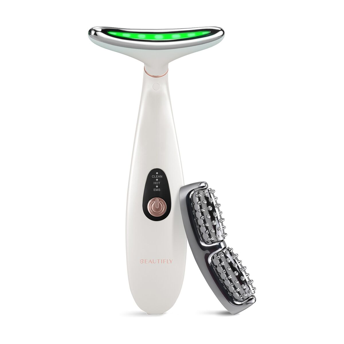 Un dispositivo de cuidado de la piel blanco con barra LED verde y accesorio metálico.