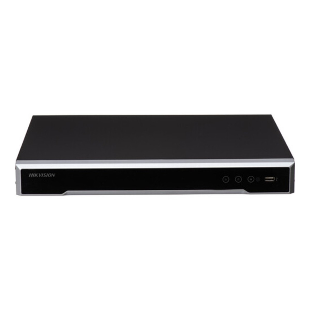 Gümüş çerçeveli, ön panel düğmeleri ve USB bağlantı noktasına sahip siyah Hikvision DVR.