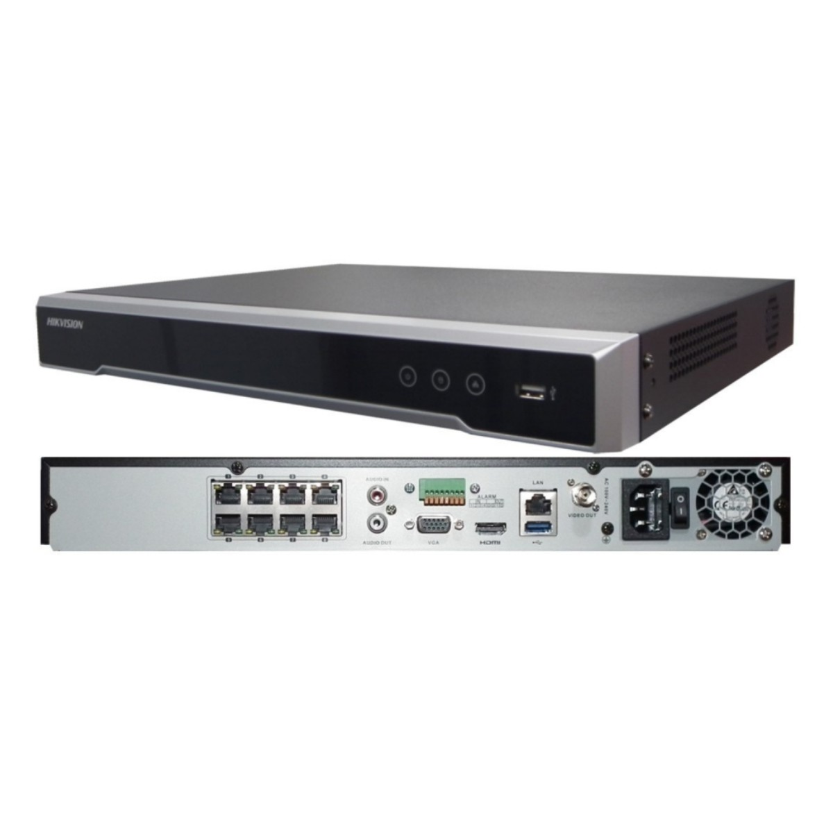 Hikvision DVR: Ön tarafında düğmeler, arkasında LAN, HDMI, USB bağlantı noktaları.