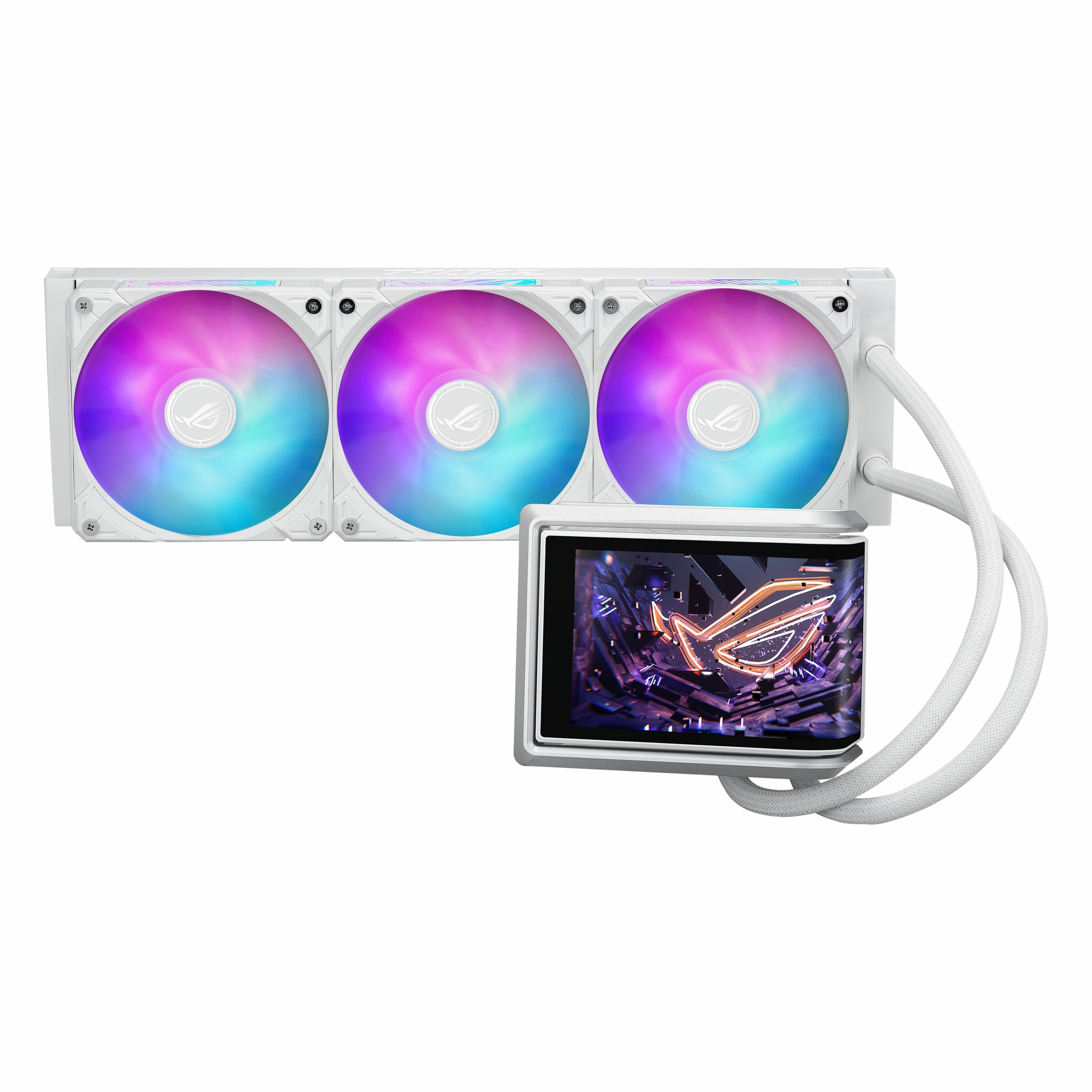 Biała chłodnica komputerowa z trzema wentylatorami RGB i małym ekranem.