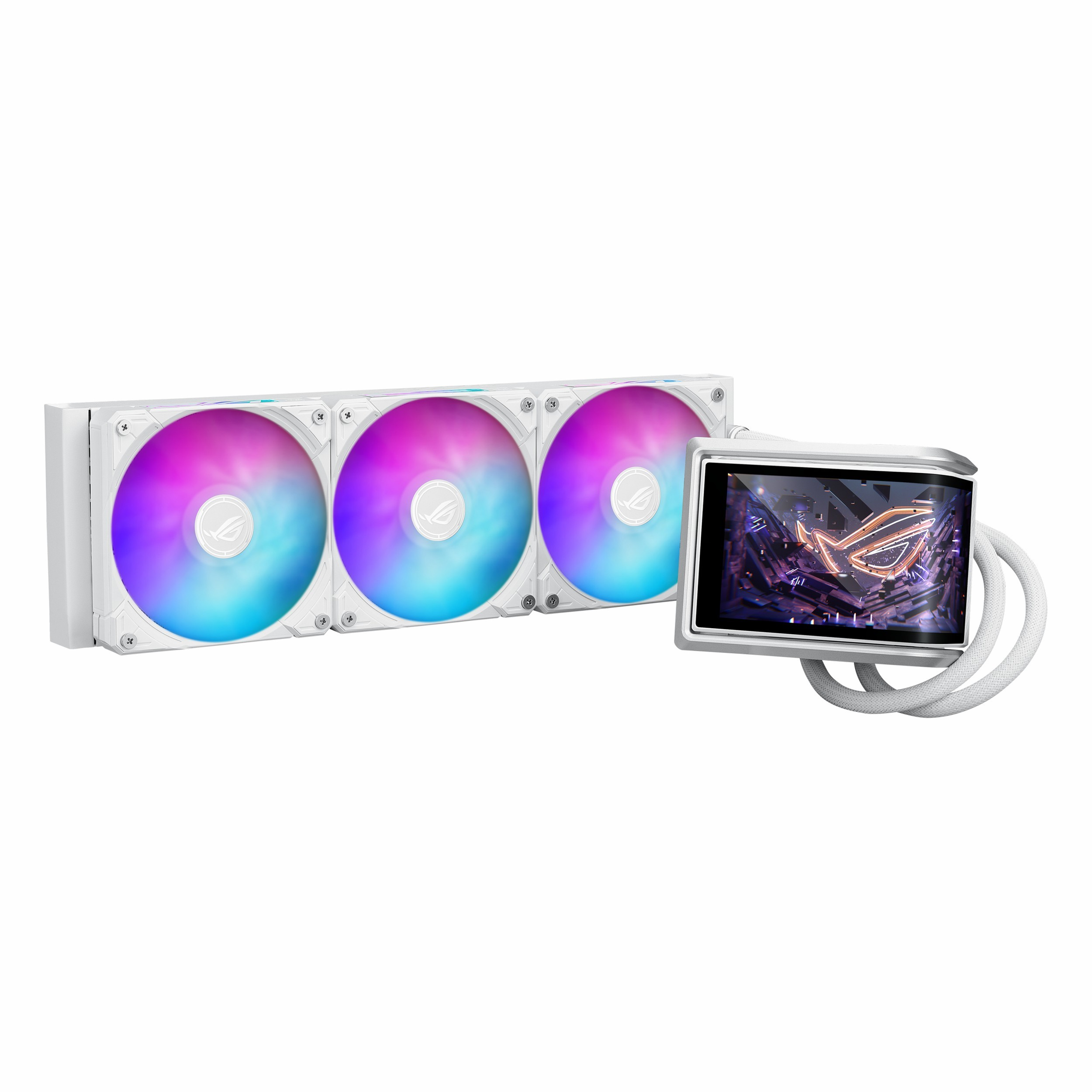 Biały wentylator komputerowy z trzema wentylatorami RGB i małym ekranem.