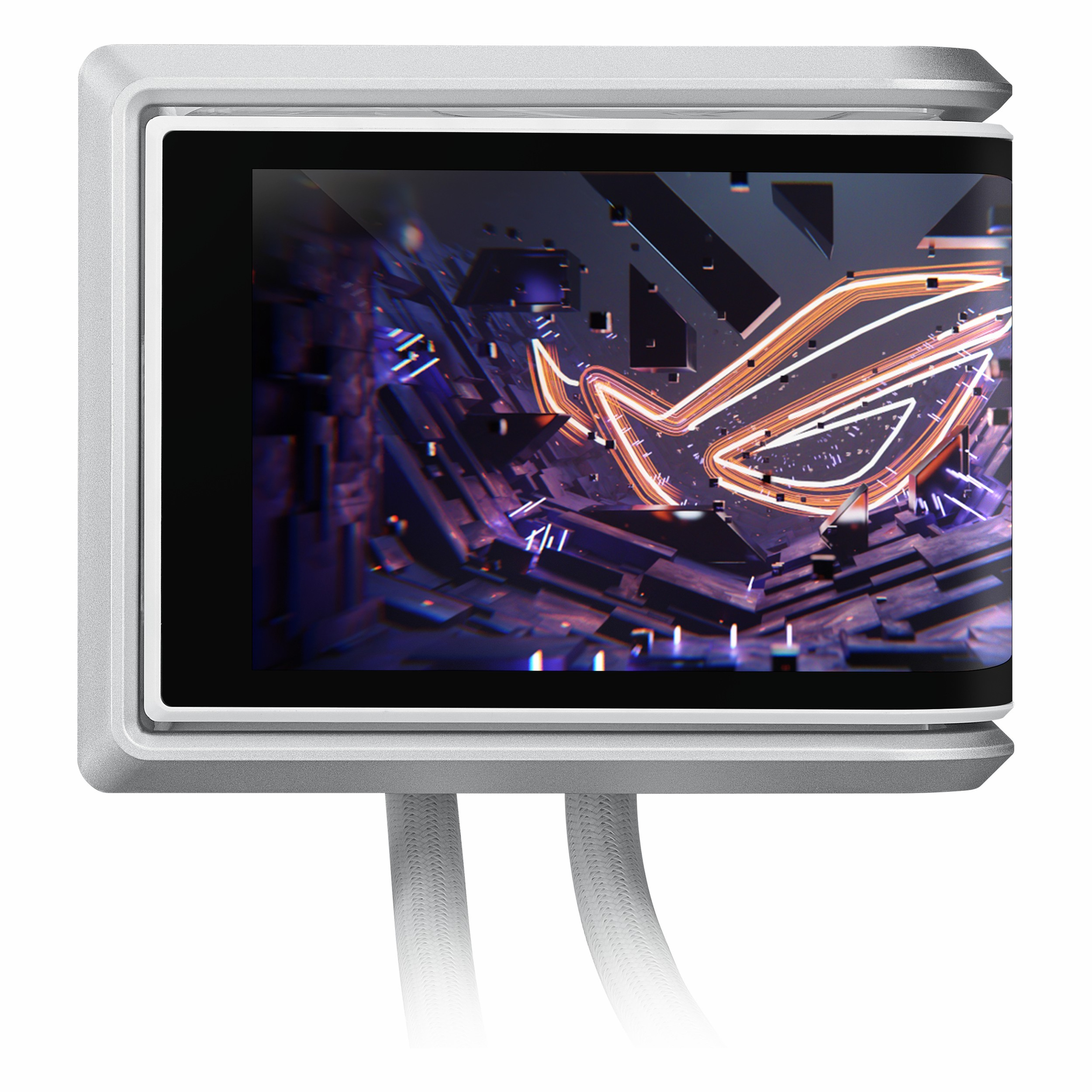 Srebrna chłodnica PC z podświetlanym logo ROG i abstrakcyjnym tłem.