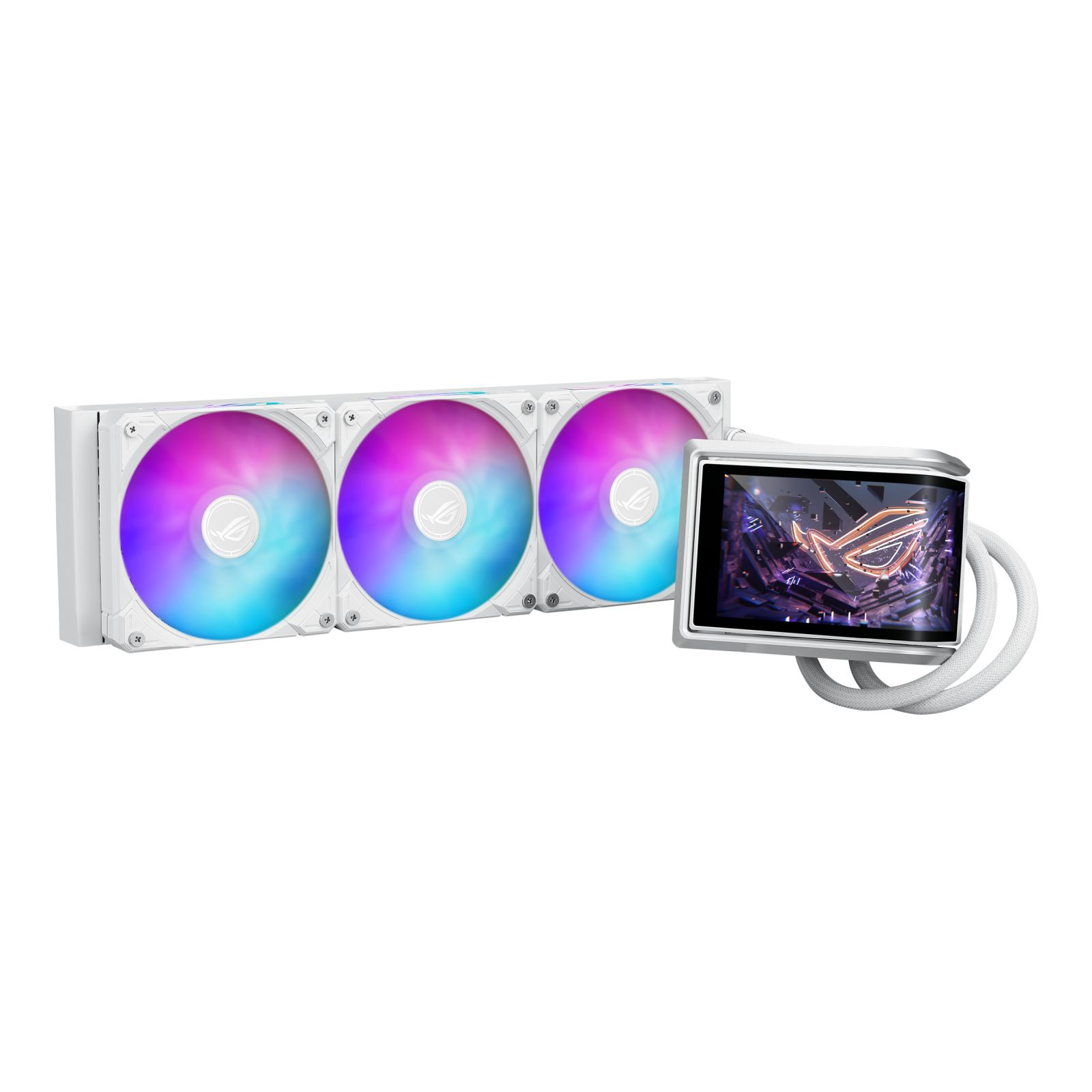 Biały wentylator PC z podświetleniem RGB i małym ekranem.