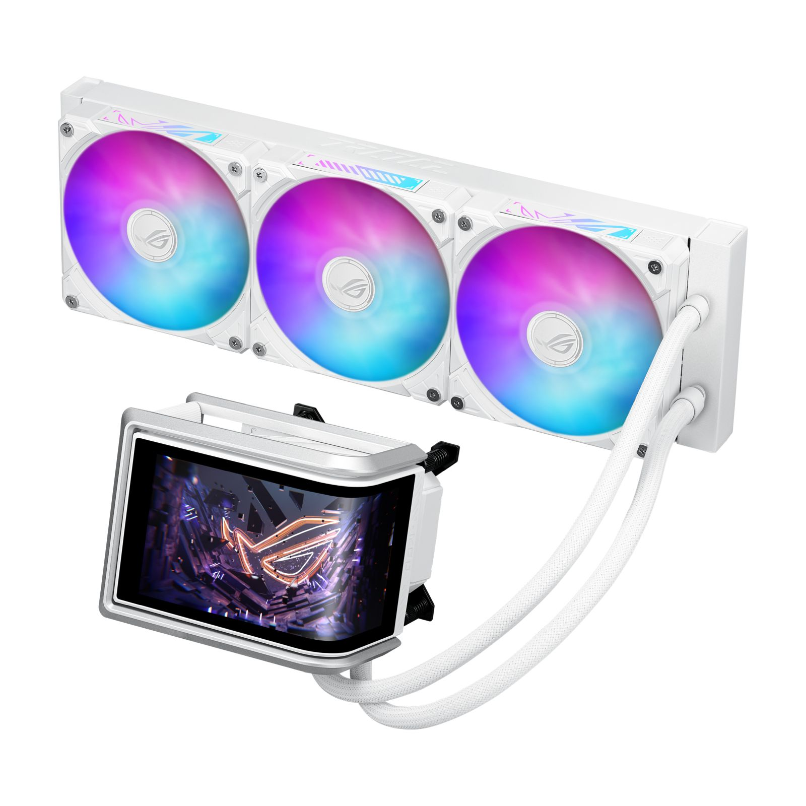 Biała chłodnica PC z trzema wentylatorami RGB i małym ekranem.