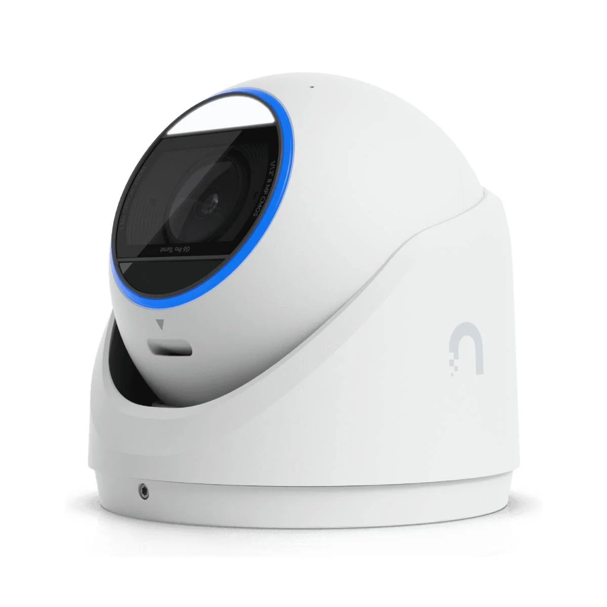 Una telecamera di sicurezza bianca con anello luminoso blu attorno all'obiettivo.