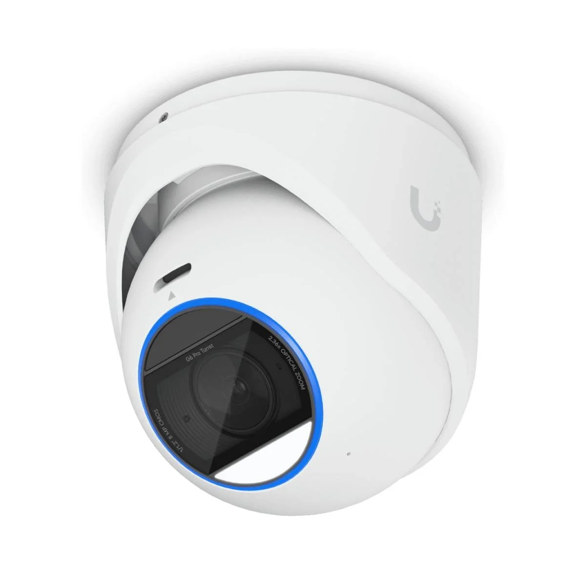 Telecamera di sicurezza bianca a cupola con anello blu attorno all'obiettivo. Montata a soffitto.