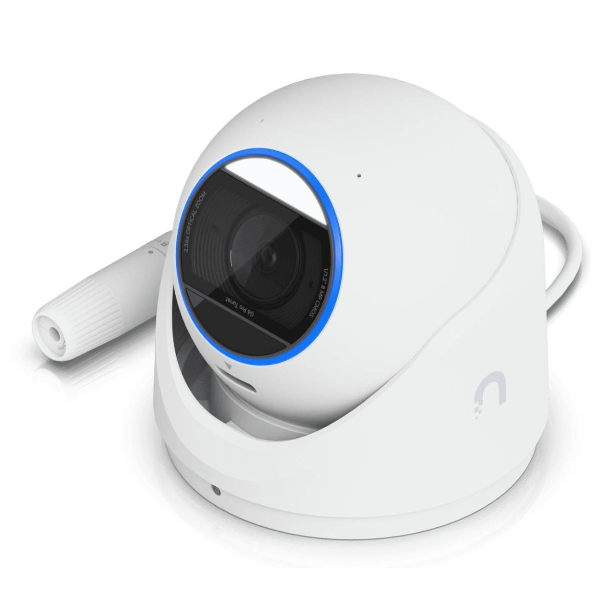Una telecamera di sicurezza bianca con un anello blu attorno all'obiettivo e un bastoncino bianco.