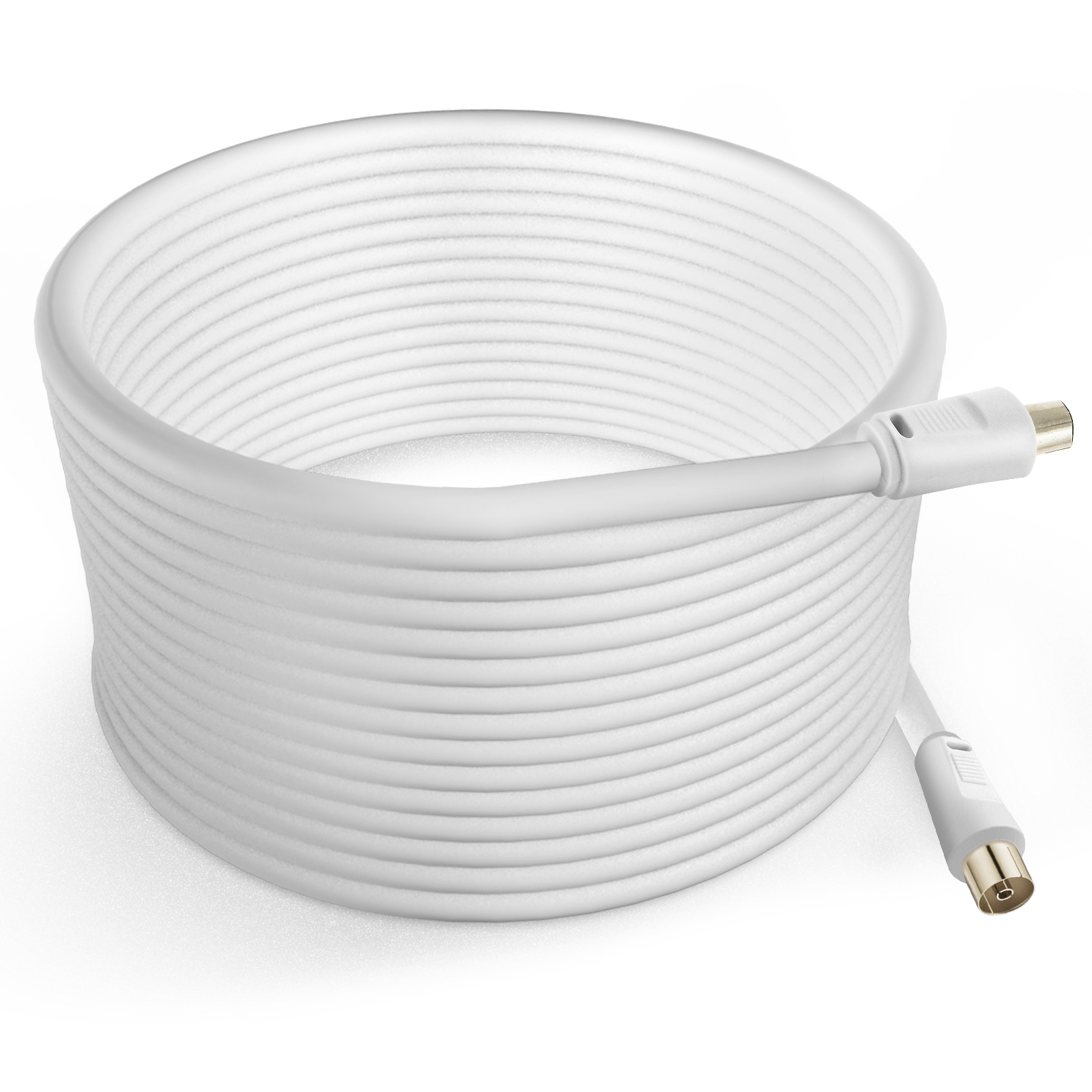 Un cavo coassiale bianco avvolto con connettori dorati su sfondo bianco.