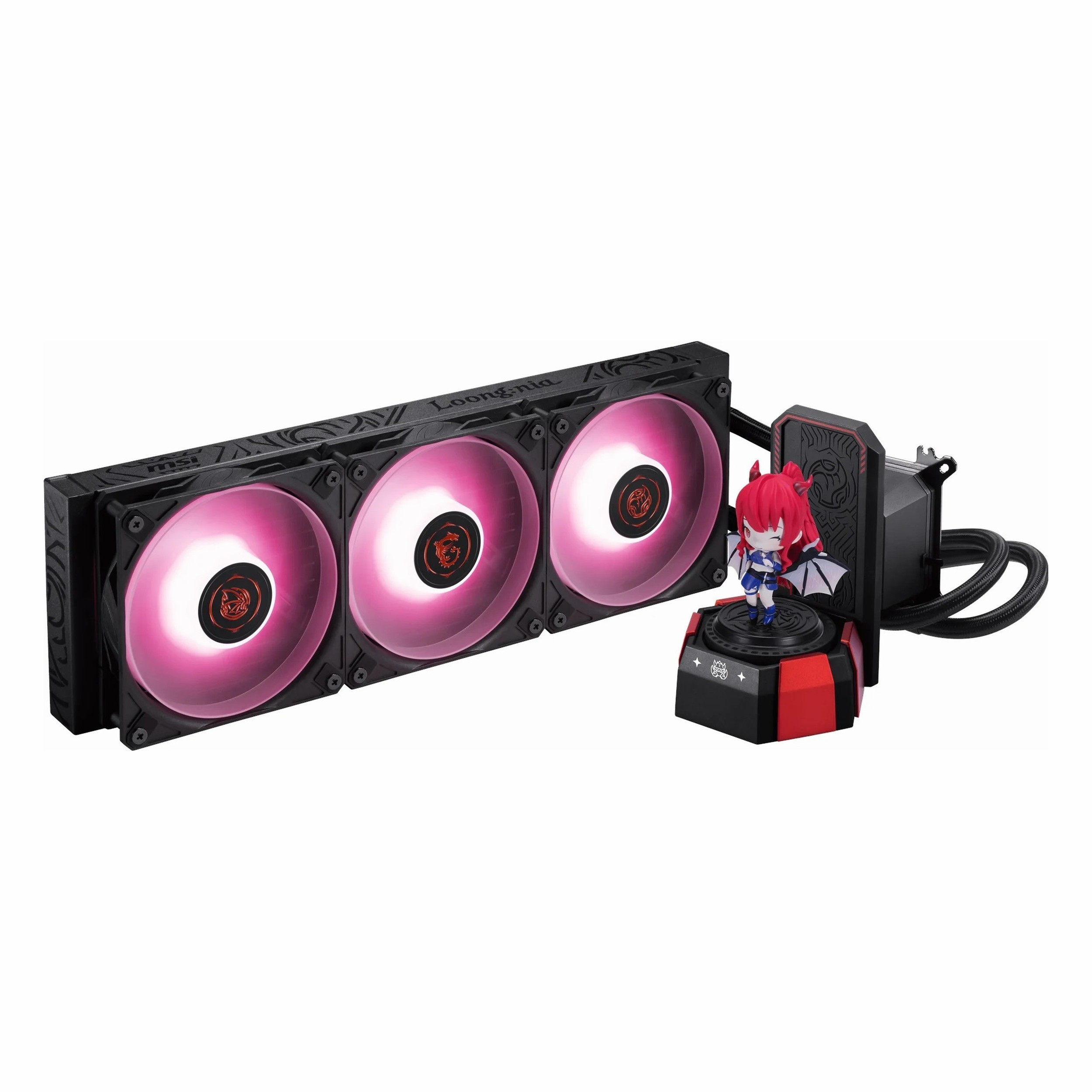 Üç pembe aydınlatmalı fanı ve küçük bir figürü olan siyah CPU soğutucu.