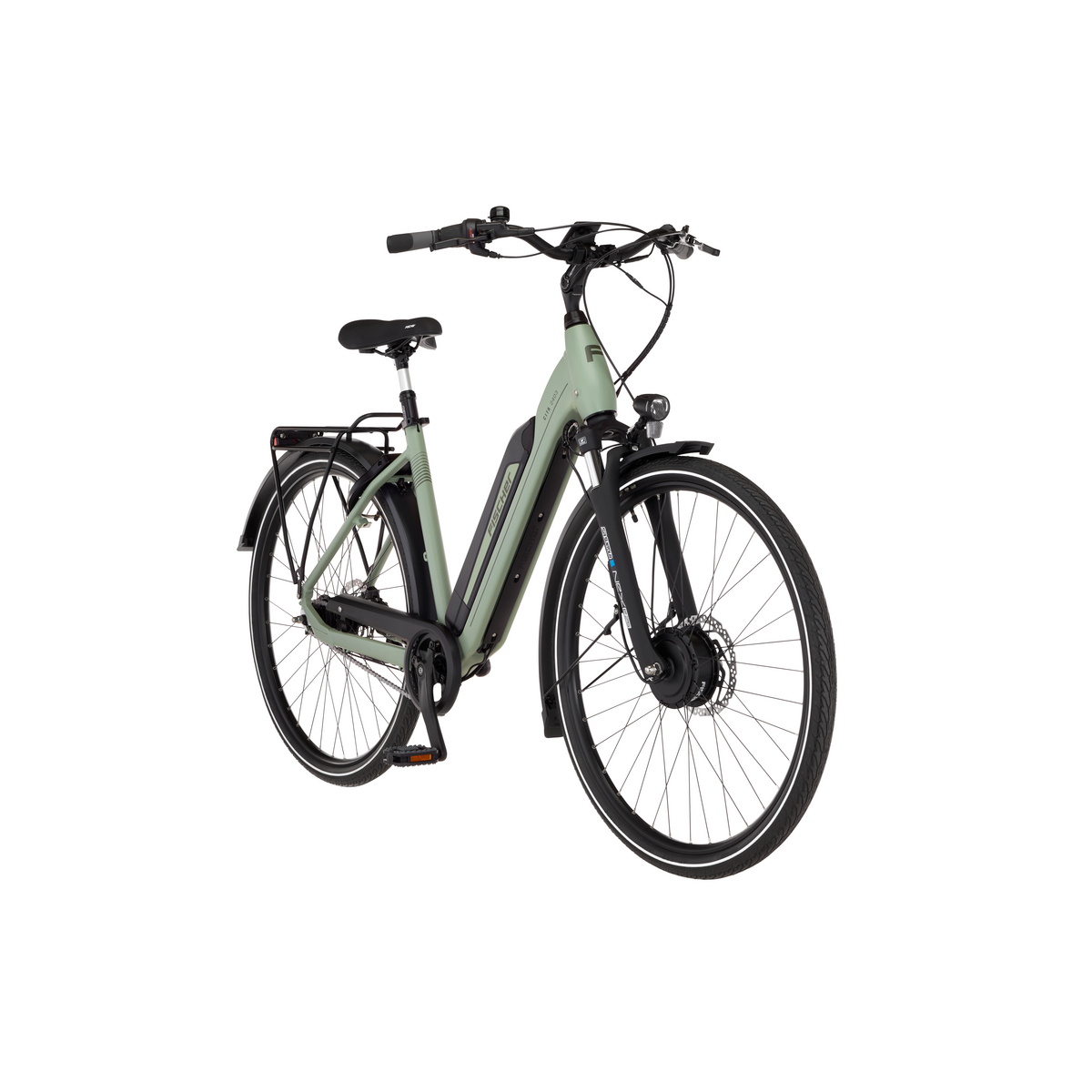 Ein hellgrünes E-Bike mit schwarzem Gepäckträger, Schutzblechen und Reifen.
