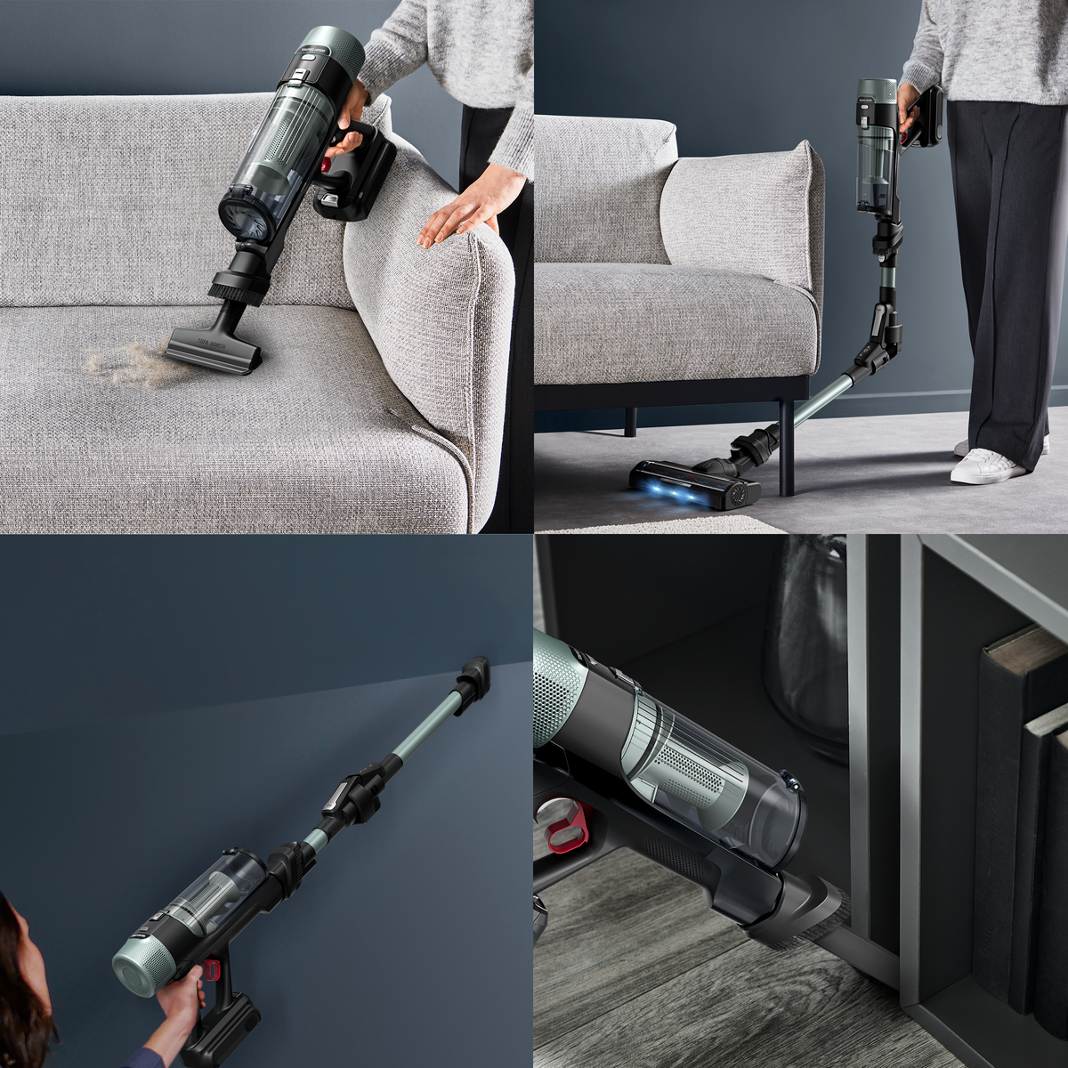 A cordless vacuum cleaner is used on a sofa, under an armchair, and on a wall.