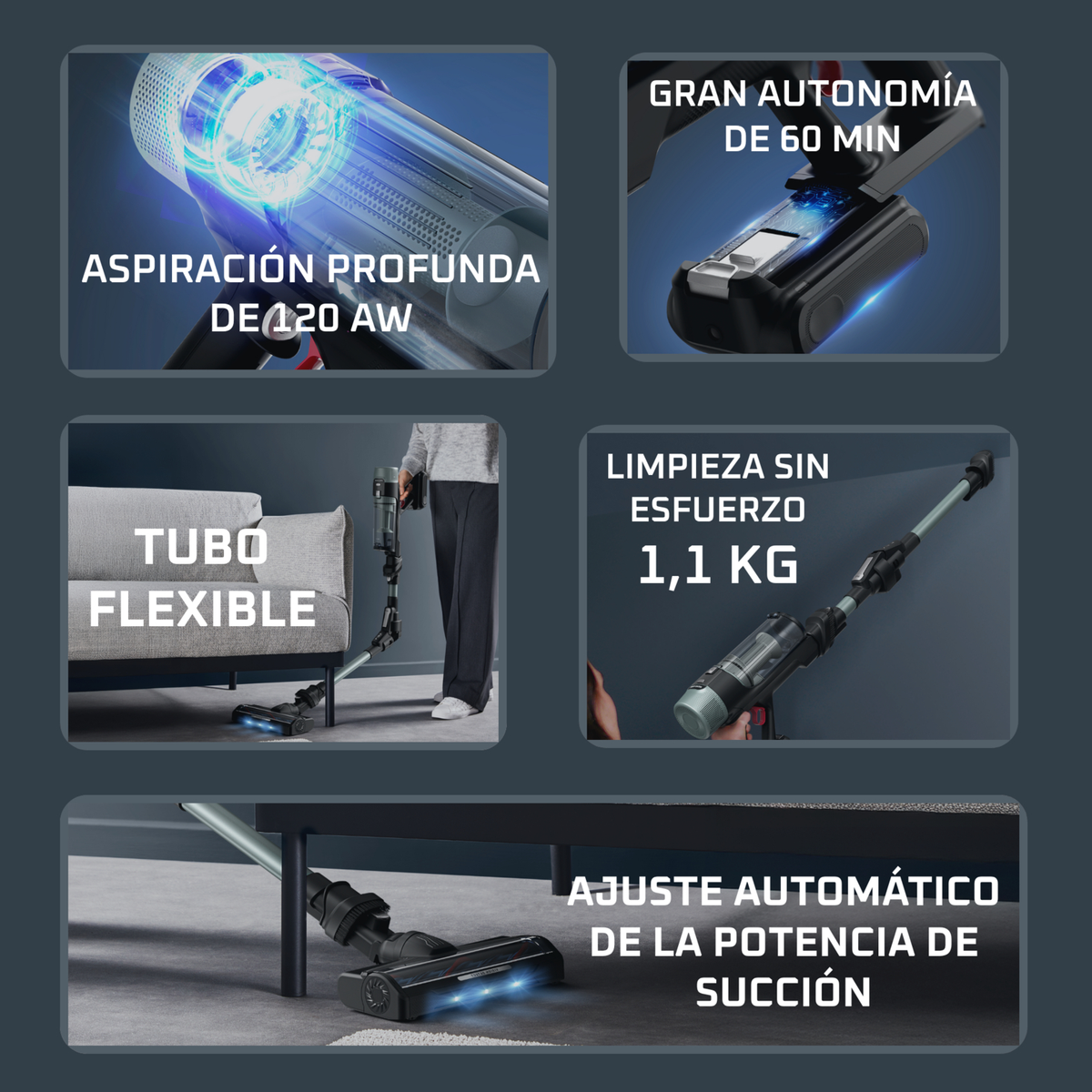 Vacuum with 120 AW strong suction, 60 min battery life, lightweight, flexible.