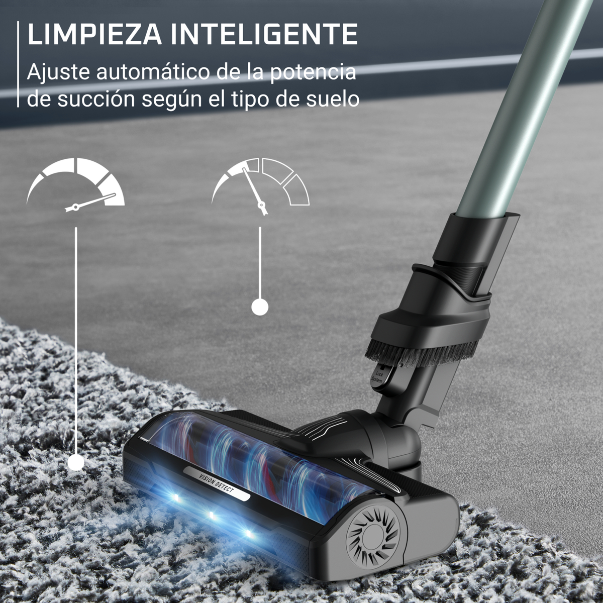 Vacuum cleaner with vision detect adjusts suction power for carpet.