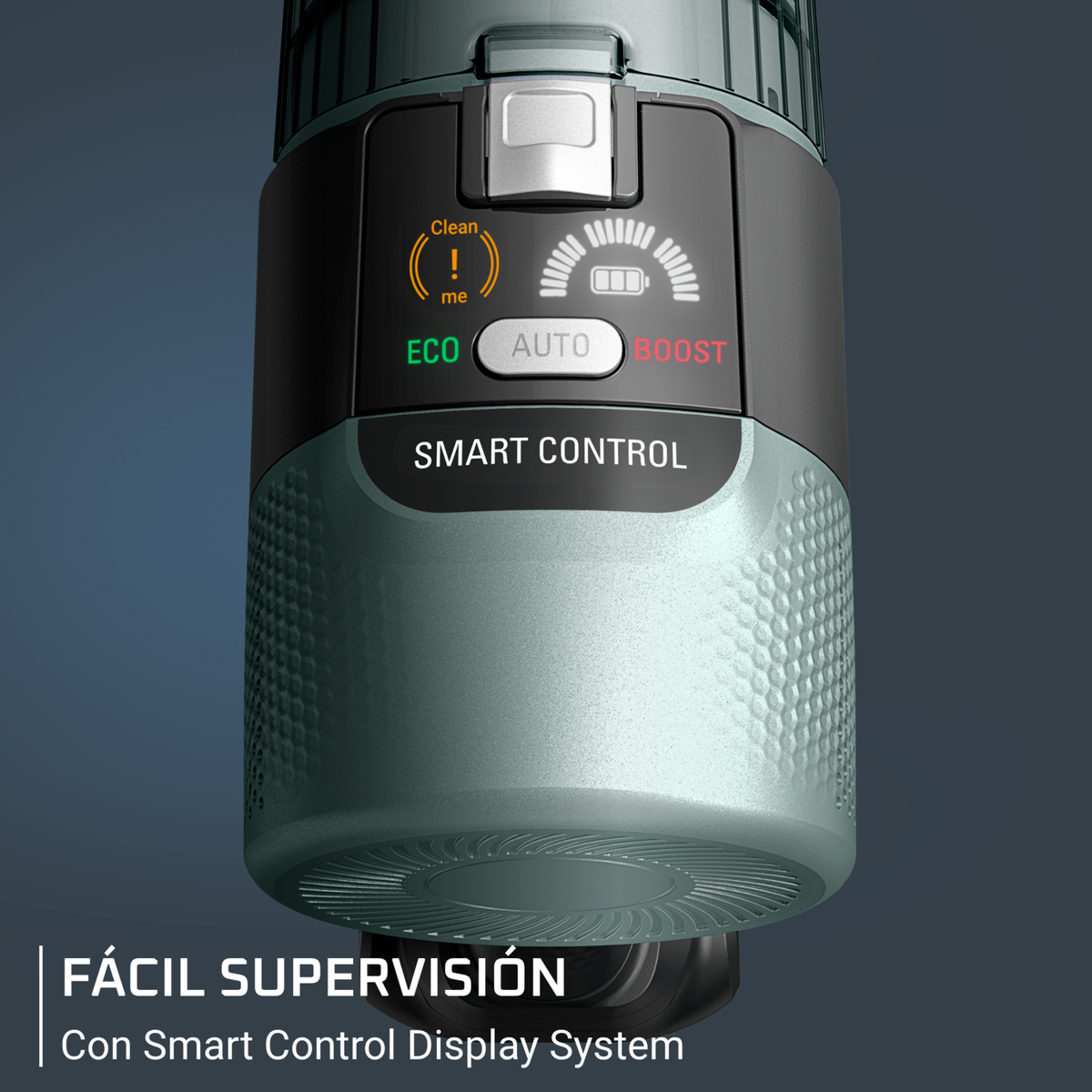 Close up of a vacuum cleaner's Smart Control display showing ECO, AUTO, BOOST modes.