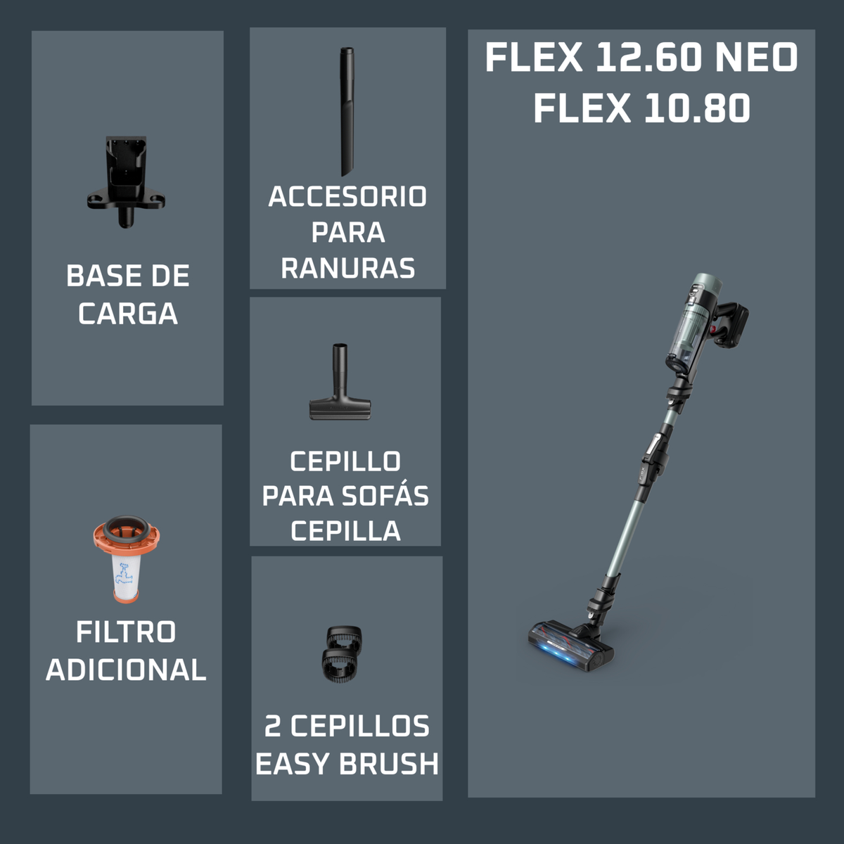 Vacuum cleaner with accessories: charging base, crevice tool, sofa brush, filter, and easy brushes.