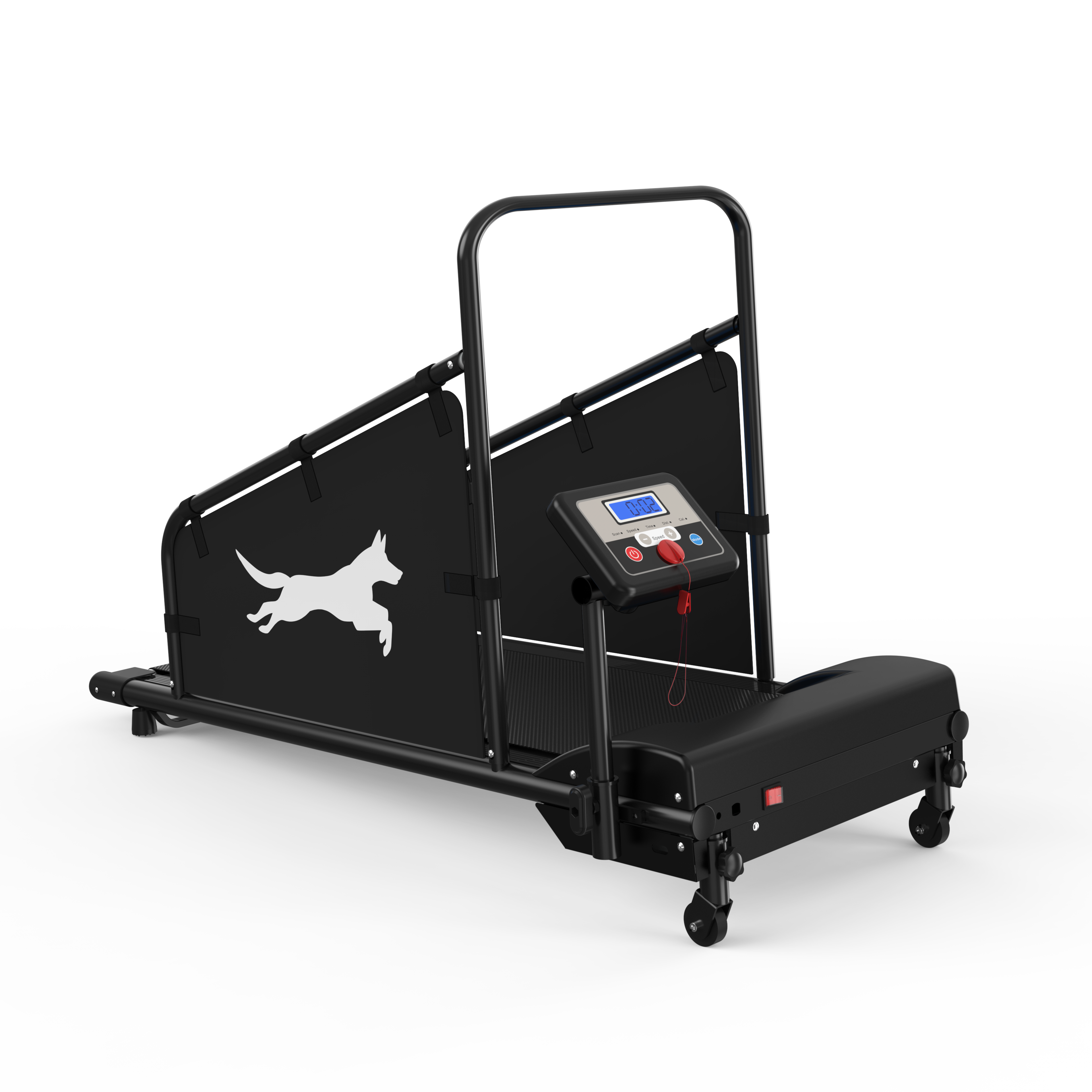 Cinta de correr negra para perros con silueta de perro blanca y pantalla digital.