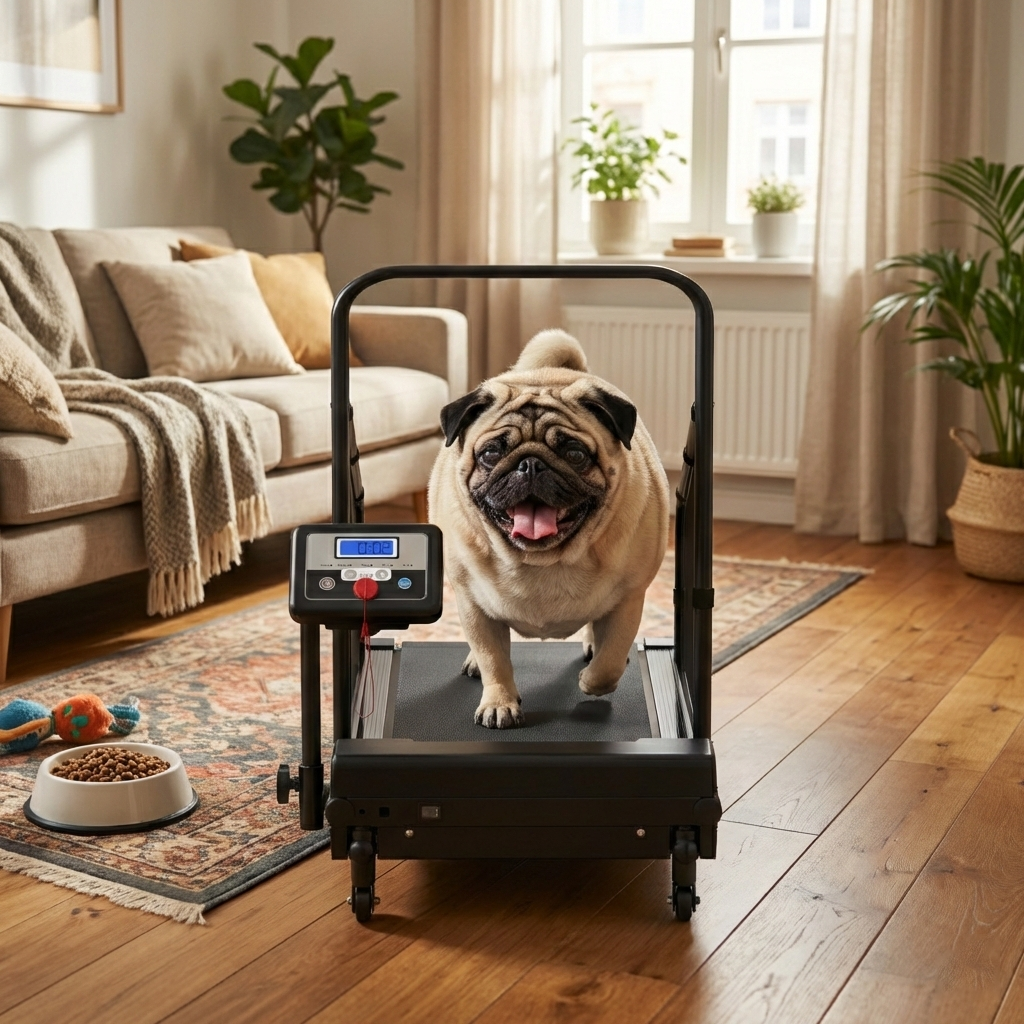 Un doguillo se para en una cinta de correr en una sala de estar, con un cuenco de comida cerca.