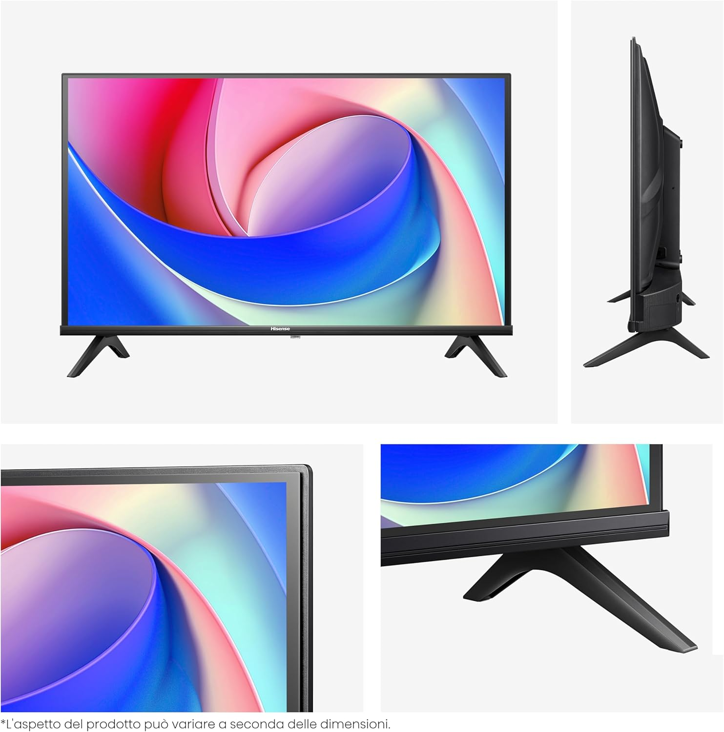 Viene mostrata una TV Hisense con schermo astratto colorato e supporto nero da diverse angolazioni.