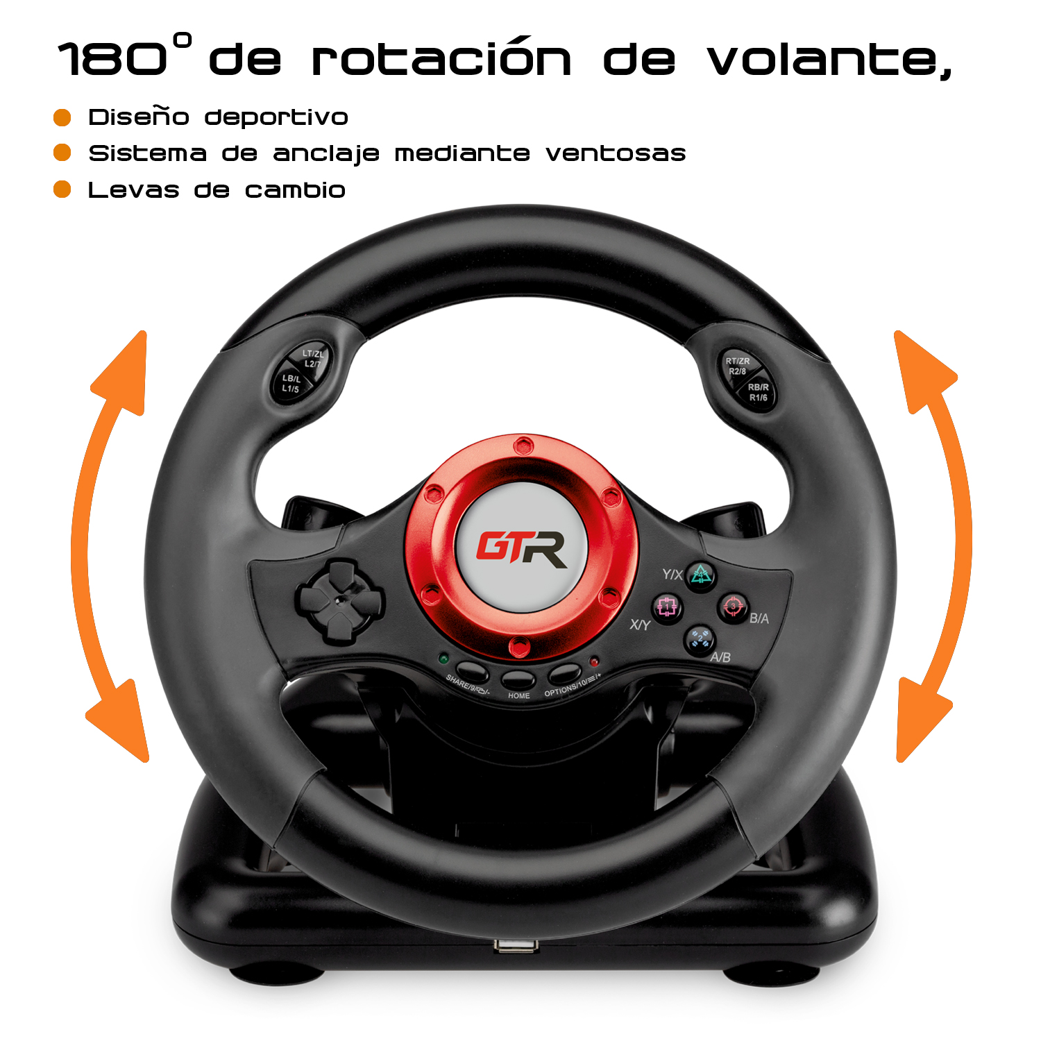 Volante negro con detalles rojos y botones. Flechas muestran rotación de 180 grados.