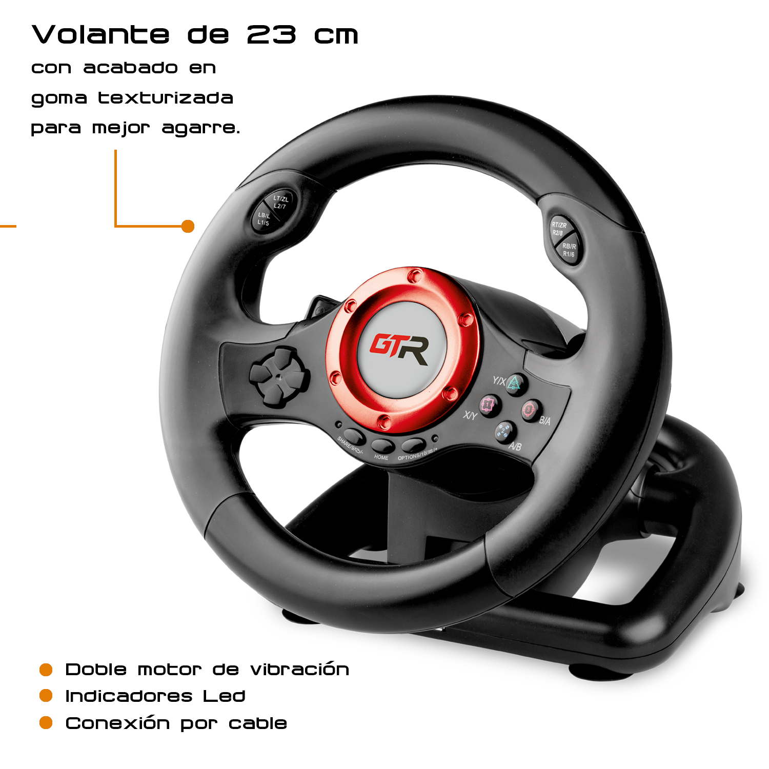 Un volante de gaming negro con detalles rojos y muchos botones.