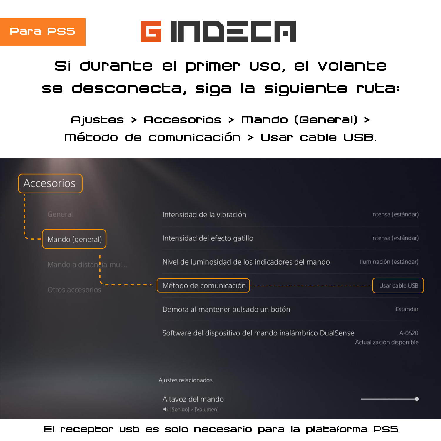 Instrucciones para problemas de conexión del mando PS5 con cable USB.