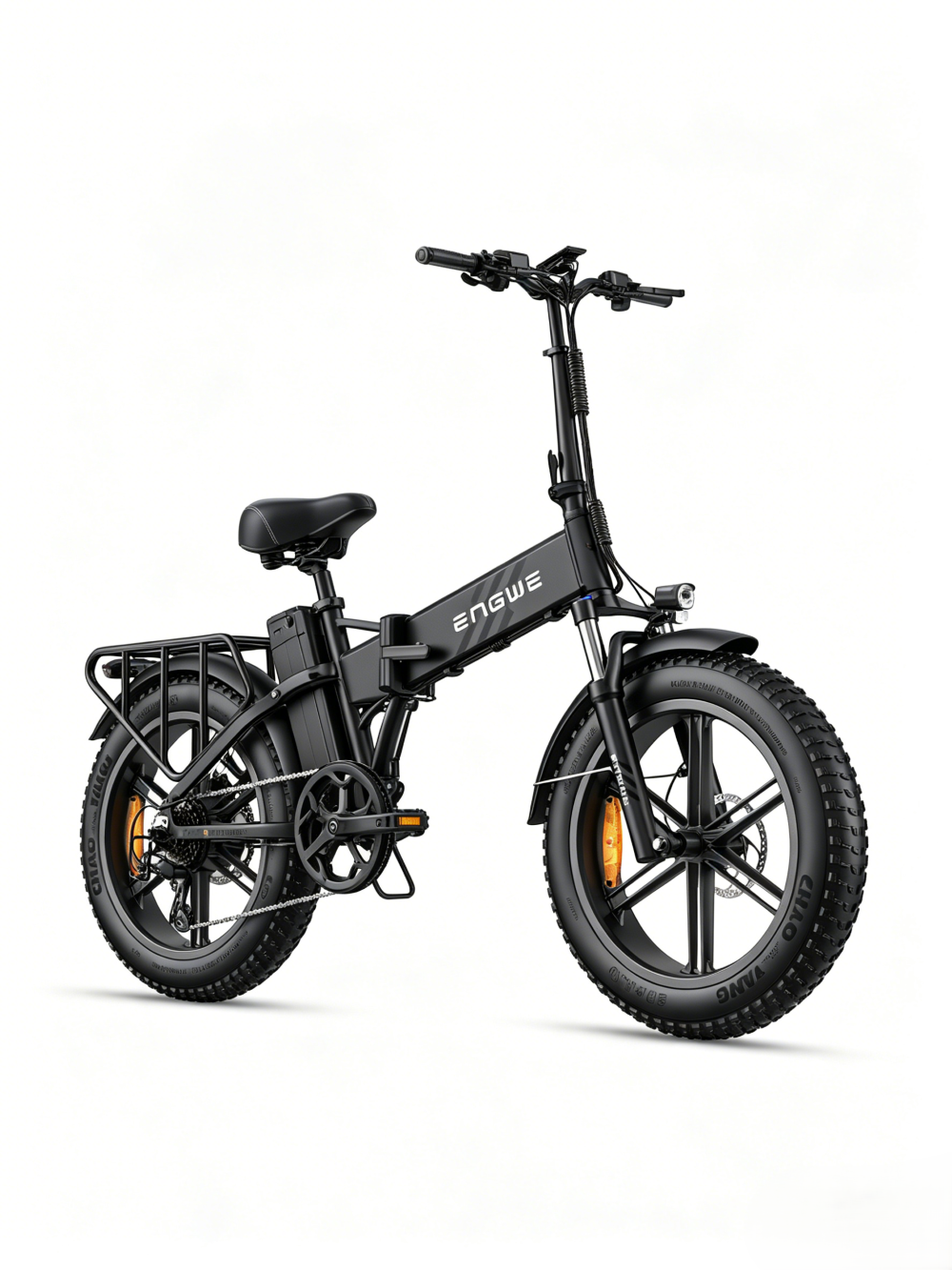 Bici elettrica pieghevole nera con copertoni larghi e portapacchi posteriore.