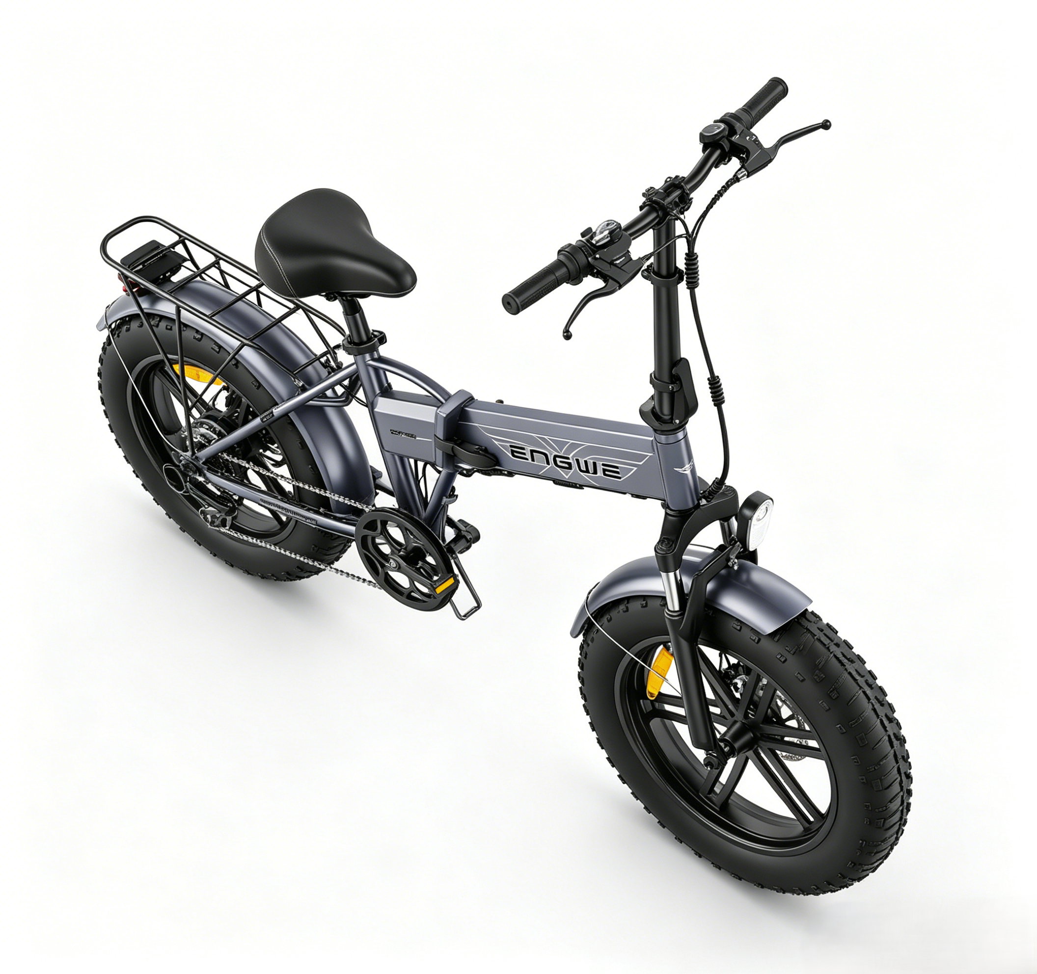Una e-bike pieghevole grigia con pneumatici larghi e portapacchi.