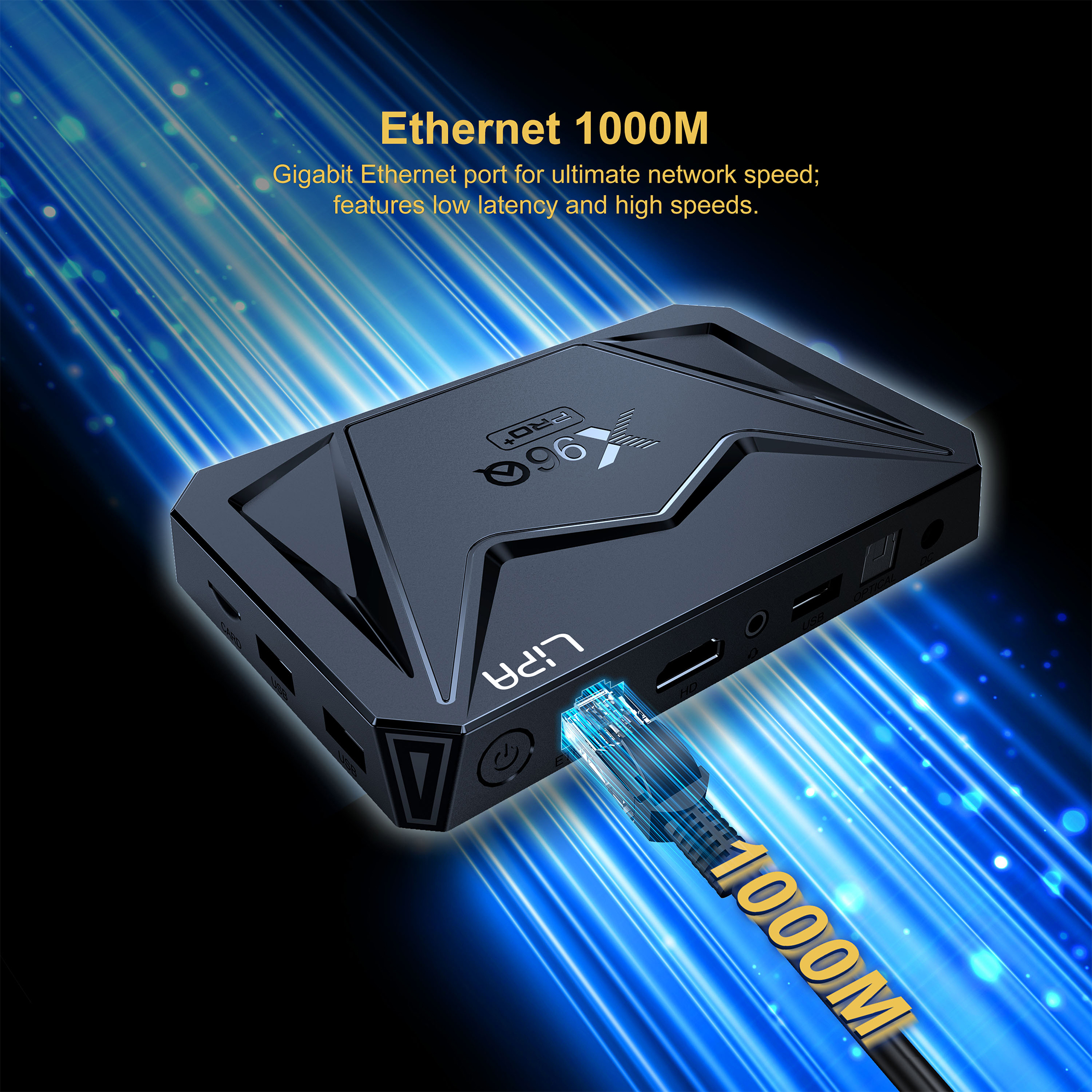 Schwarzer Mediaplayer mit 1000M Ethernet-Anschluss und blauen Lichtstrahlen.