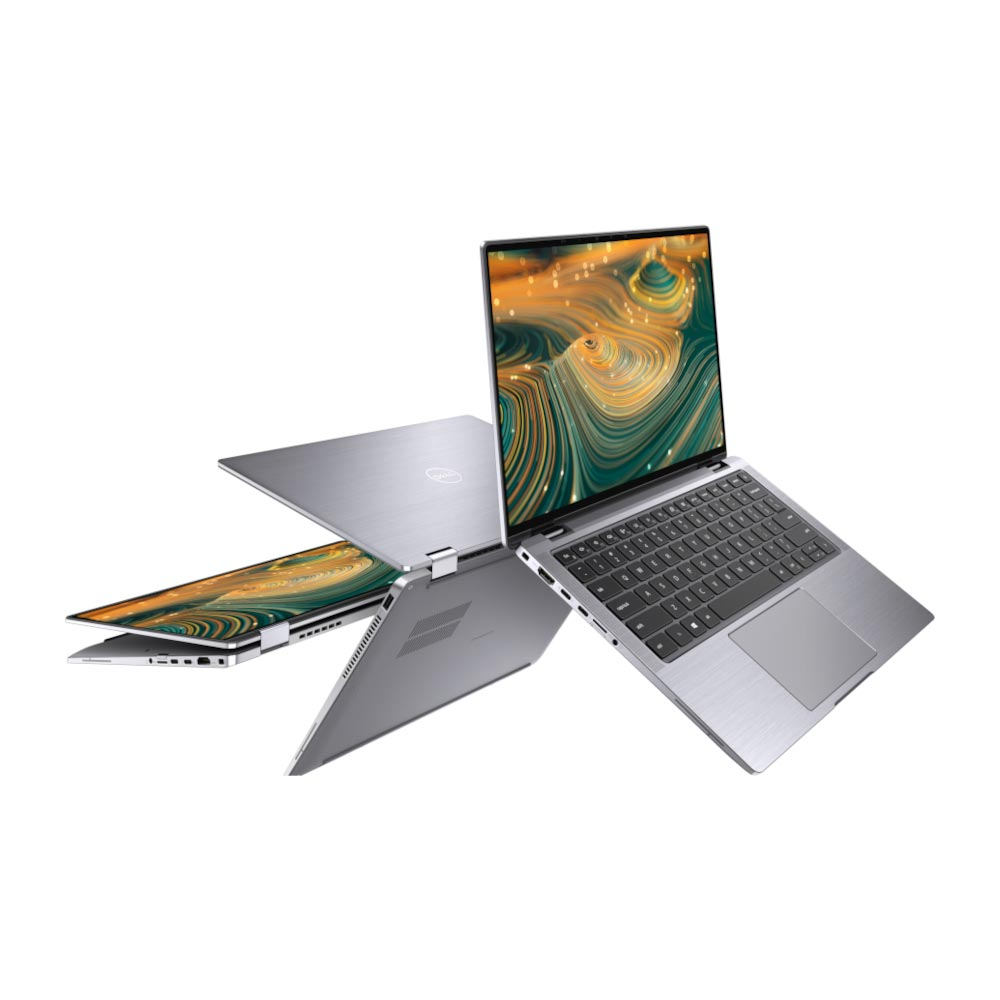 Trzy srebrne laptopy ze stylizowanym tłem ekranu na białym tle.