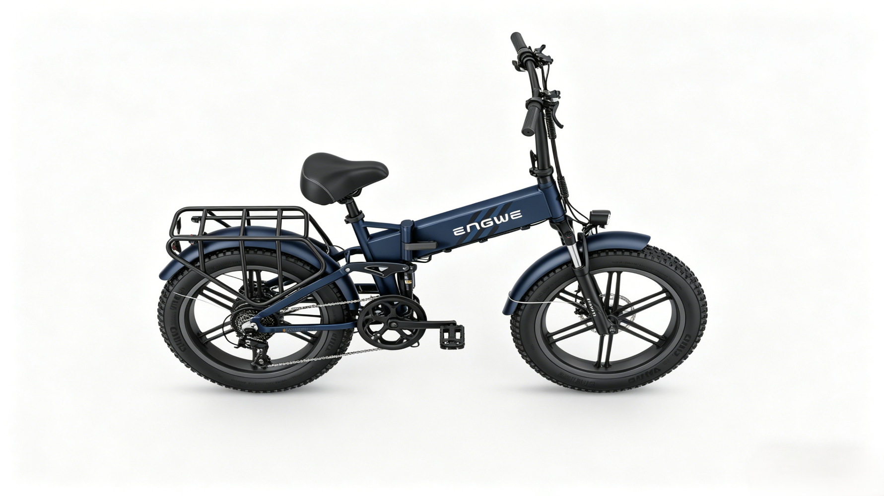 Bicicletta elettrica pieghevole blu scuro con sella e portapacchi neri.