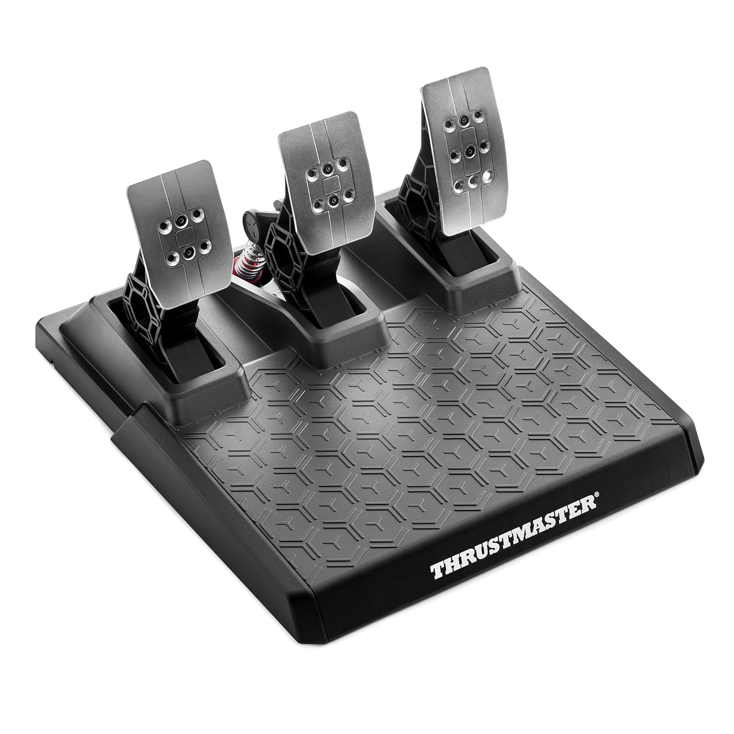 Een zwarte Thrustmaster pendaalset met drie zilveren pedalen op witte achtergrond.