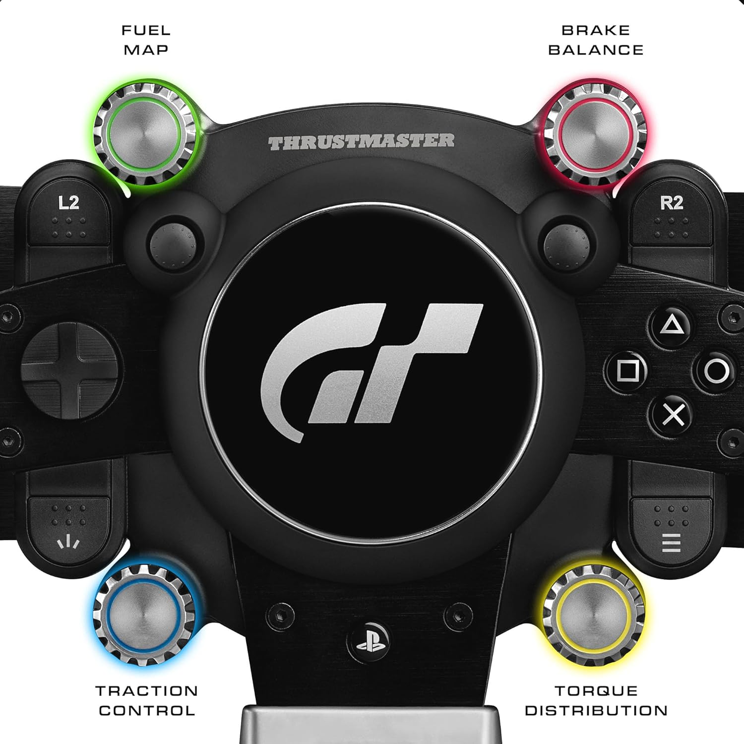 A black steering wheel featuring four illuminated dials: Fuel Map, Brake Balance, Traction Control, Torque Distribution.
