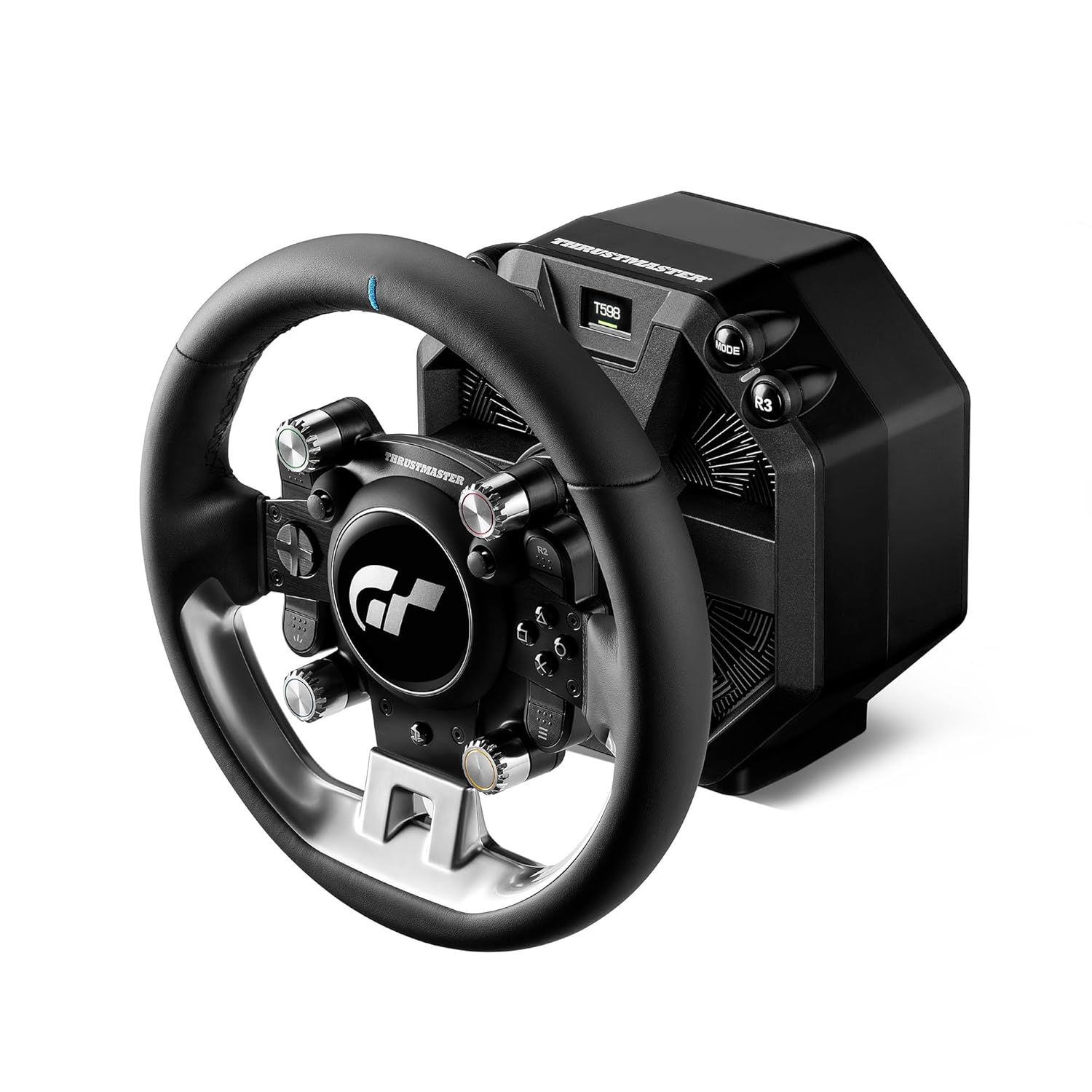 Black gaming steering wheel with silver accents and a central GT logo.